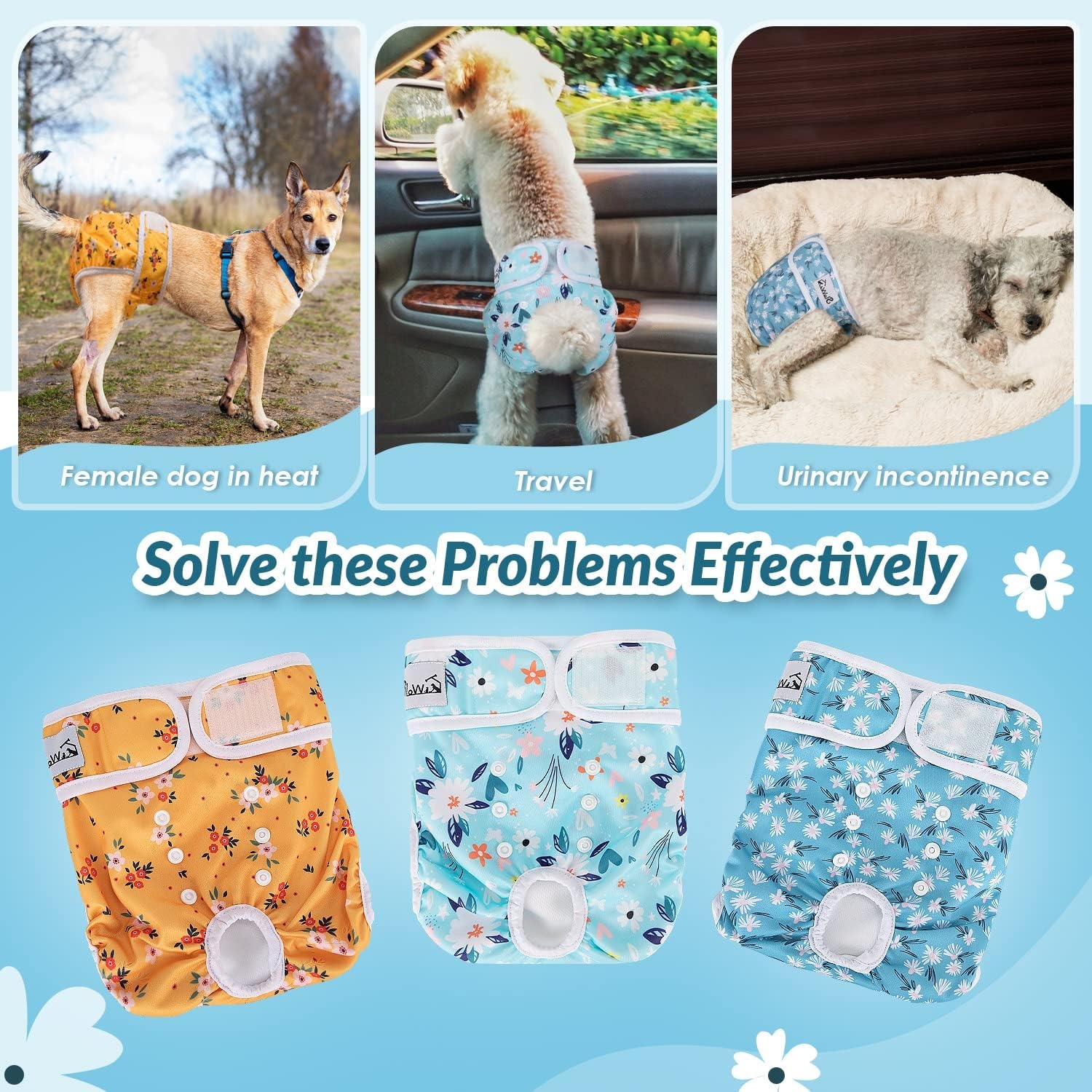 image:imageSlowTon Washable Dog Diapers Female 3 Pack No Leak Reusable Doggie Puppy Diaper with Adjustable Buttons Comfortable Female Dog Diapers for Heat Cycle Period Small Medium Large Dogs XSBFlora