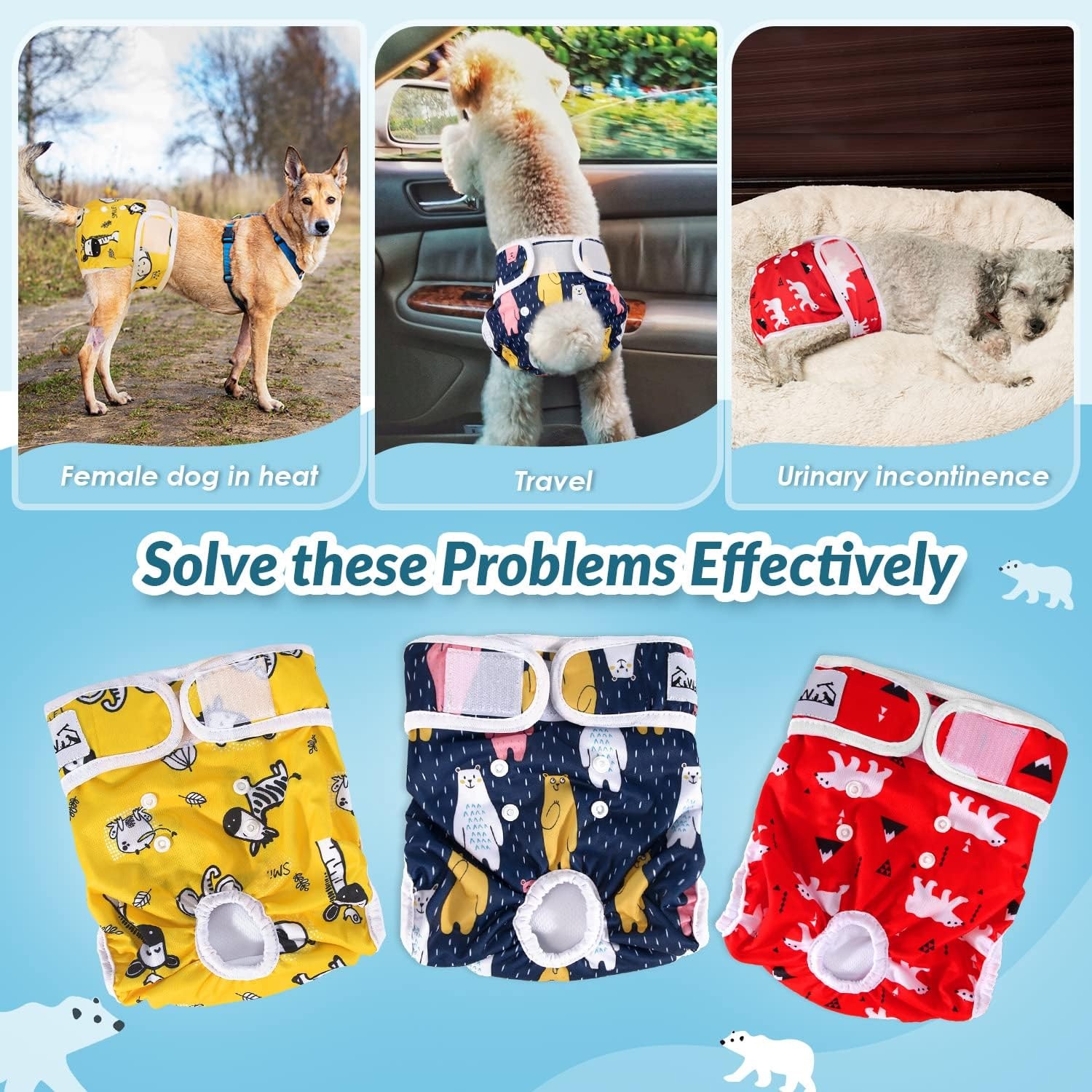 image:imageSlowTon Washable Dog Diapers Female 3 Pack No Leak Reusable Doggie Puppy Diaper with Adjustable Buttons Comfortable Female Dog Diapers for Heat Cycle Period Small Medium Large Dogs XSCAnimal