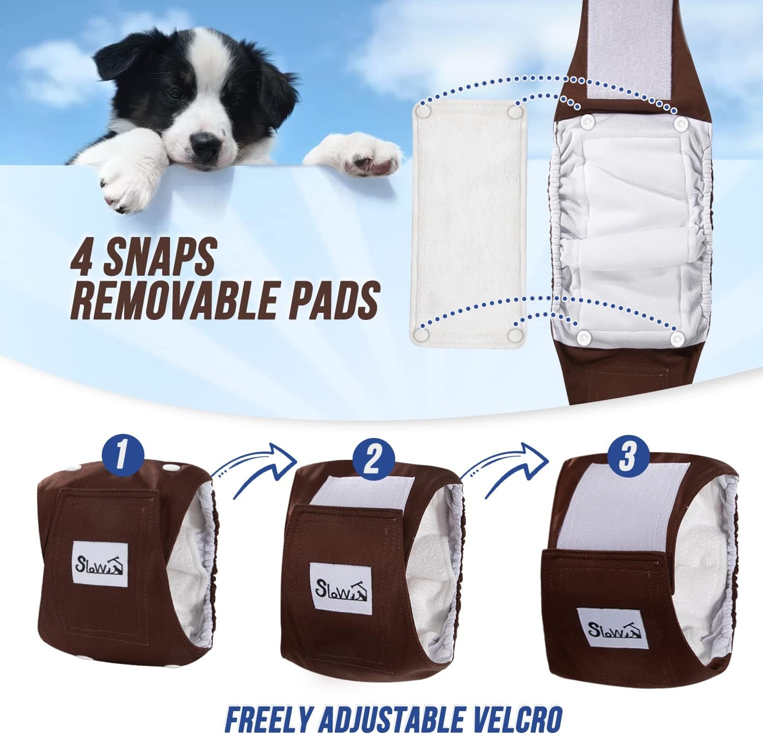 image:imageSlowTon Washable Dog Diapers Male 20 Wider amp Highly Absorbent Dog Belly Bands with Removable Pads 3 Pack Soft Reuseable Male Dog Wraps with Leak Proof Fit Grey Blue Brown Medium