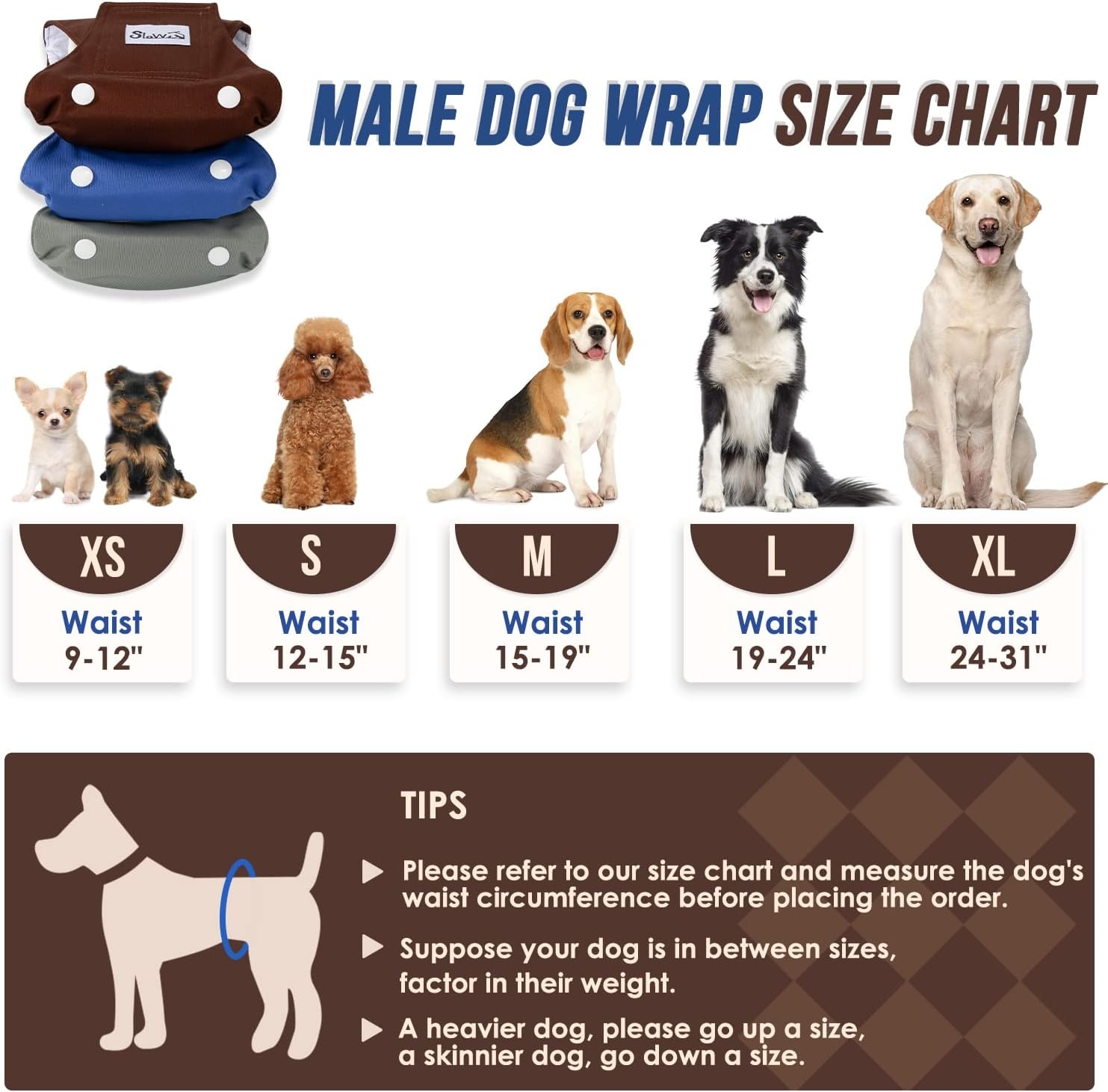 image:imageSlowTon Washable Dog Diapers Male 20 Wider amp Highly Absorbent Dog Belly Bands with Removable Pads 3 Pack Soft Reuseable Male Dog Wraps with Leak Proof Fit Grey Blue Brown Medium