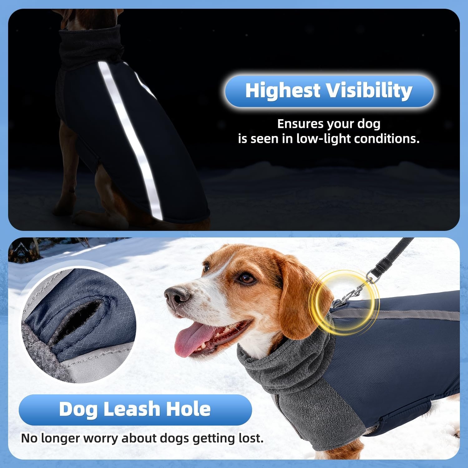 image:imageSlowTon Winter Dog Coat Warm Polar Fleece Lining Doggie Outdoor Jacket with Turtleneck Scarf Reflective Stripe Adjustable Waterproof Windproof Puppy Vest Soft Pet Outfits SGreyCDark Blue