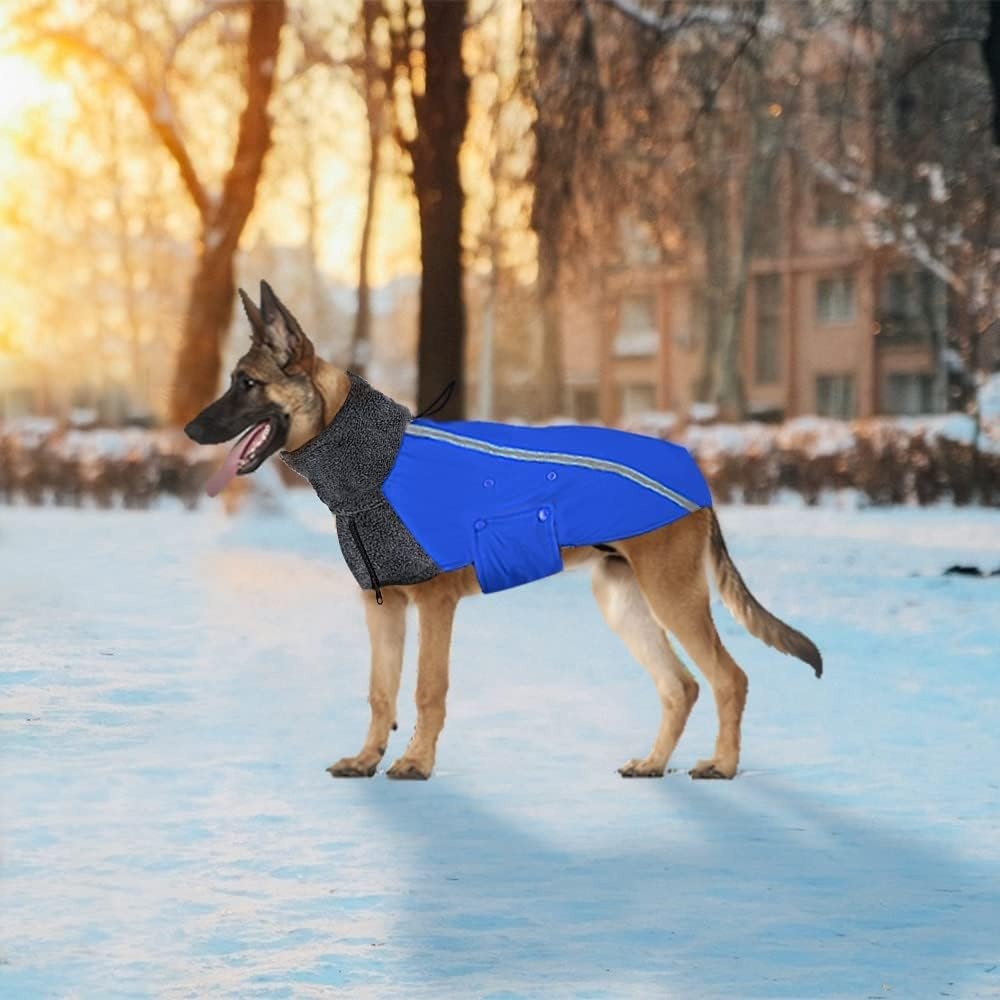 image:imageSlowTon Winter Dog Coat Warm Polar Fleece Lining Doggie Outdoor Jacket with Turtleneck Scarf Reflective Stripe Adjustable Waterproof Windproof Puppy Vest Soft Pet Outfits SGreyEBlue
