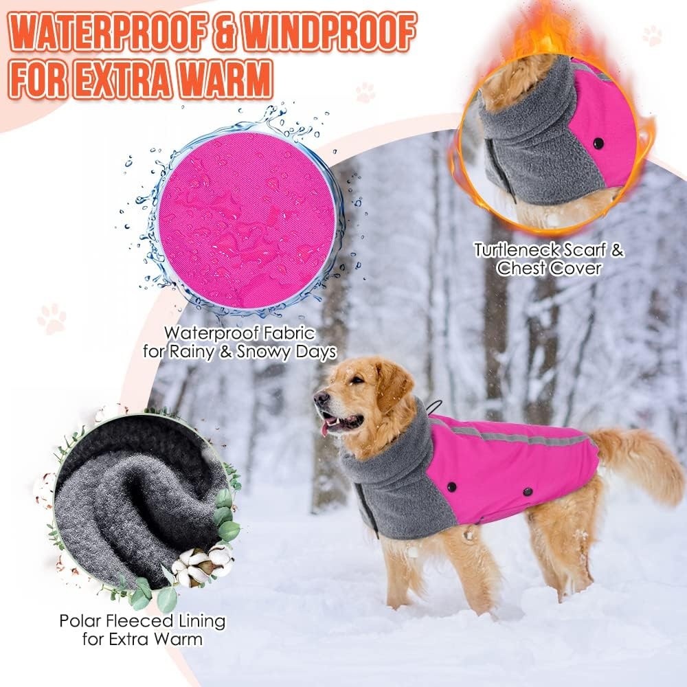 image:imageSlowTon Winter Dog Coat Warm Polar Fleece Lining Doggie Outdoor Jacket with Turtleneck Scarf Reflective Stripe Adjustable Waterproof Windproof Puppy Vest Soft Pet Outfits SGreyFFuchsia