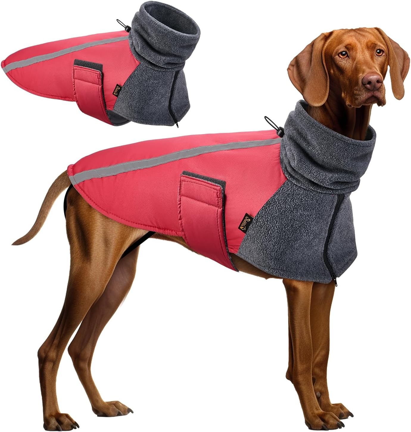 image:imageSlowTon Winter Dog Coat Warm Polar Fleece Lining Doggie Outdoor Jacket with Turtleneck Scarf Reflective Stripe Adjustable Waterproof Windproof Puppy Vest Soft Pet Outfits SGreyBRed