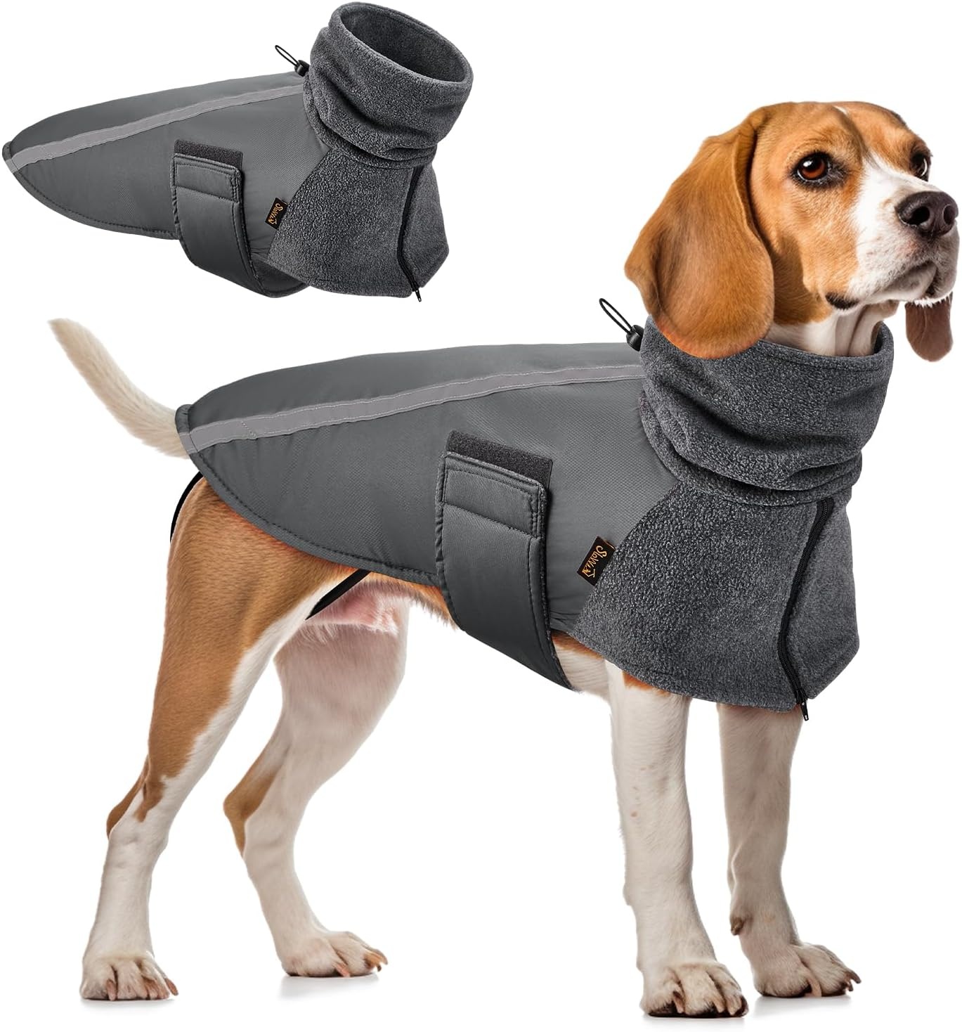 image:imageSlowTon Winter Dog Coat Warm Polar Fleece Lining Doggie Outdoor Jacket with Turtleneck Scarf Reflective Stripe Adjustable Waterproof Windproof Puppy Vest Soft Pet Outfits SGreyAGrey
