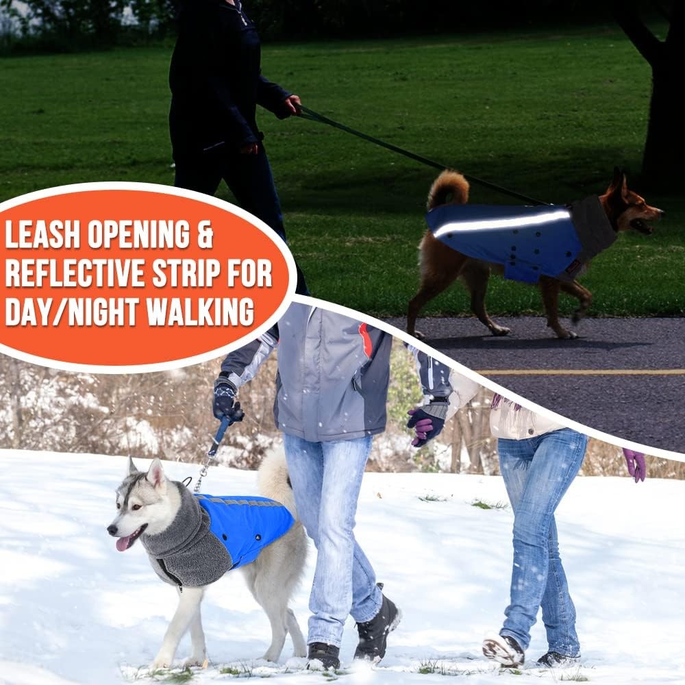 image:imageSlowTon Winter Dog Coat Warm Polar Fleece Lining Doggie Outdoor Jacket with Turtleneck Scarf Reflective Stripe Adjustable Waterproof Windproof Puppy Vest Soft Pet Outfits SGreyEBlue