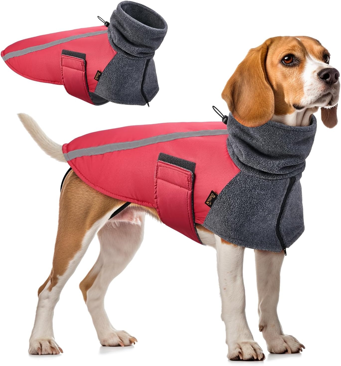 image:imageSlowTon Winter Dog Coat Warm Polar Fleece Lining Doggie Outdoor Jacket with Turtleneck Scarf Reflective Stripe Adjustable Waterproof Windproof Puppy Vest Soft Pet Outfits SGreyBRed