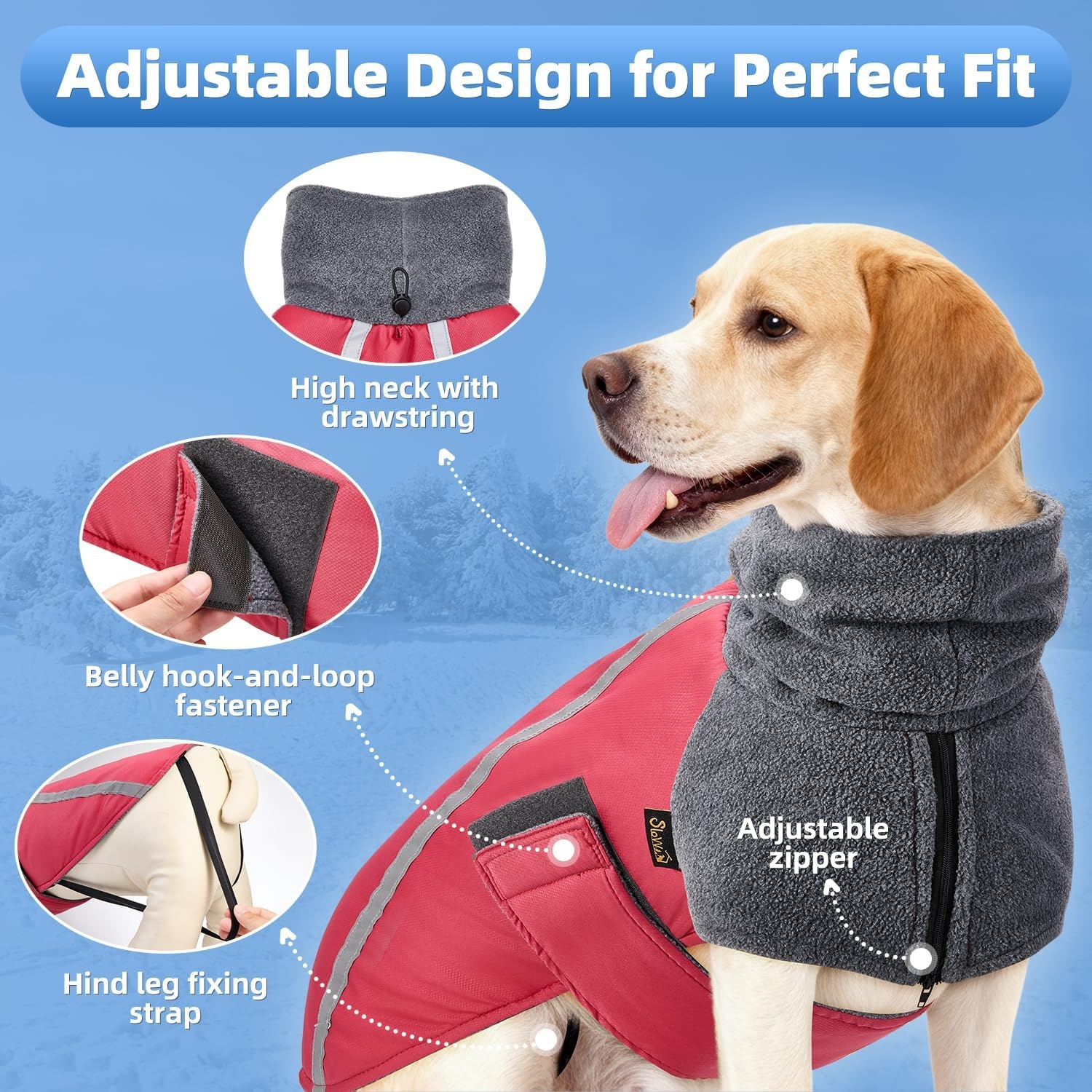 image:imageSlowTon Winter Dog Coat Warm Polar Fleece Lining Doggie Outdoor Jacket with Turtleneck Scarf Reflective Stripe Adjustable Waterproof Windproof Puppy Vest Soft Pet Outfits SGreyBRed