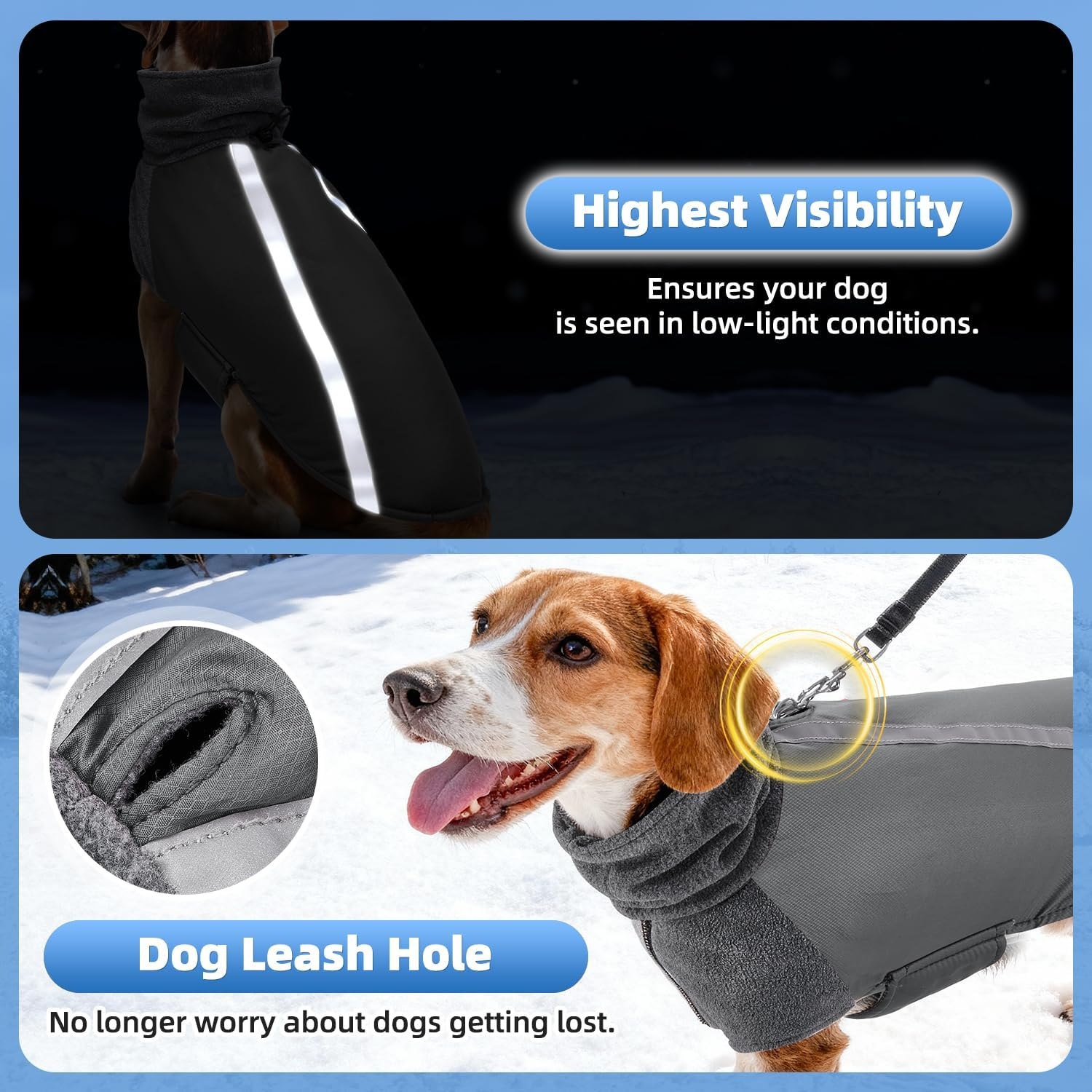 image:imageSlowTon Winter Dog Coat Warm Polar Fleece Lining Doggie Outdoor Jacket with Turtleneck Scarf Reflective Stripe Adjustable Waterproof Windproof Puppy Vest Soft Pet Outfits SGreyAGrey