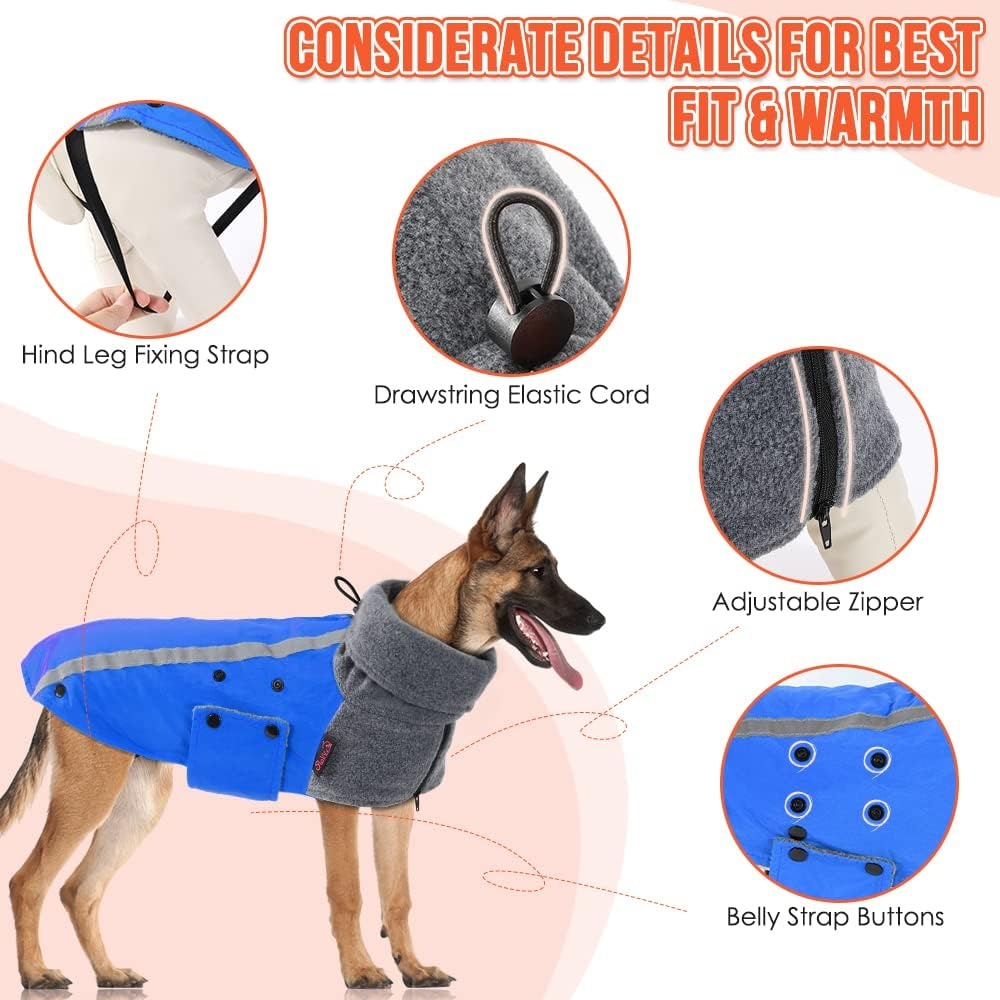 image:imageSlowTon Winter Dog Coat Warm Polar Fleece Lining Doggie Outdoor Jacket with Turtleneck Scarf Reflective Stripe Adjustable Waterproof Windproof Puppy Vest Soft Pet Outfits SGreyEBlue