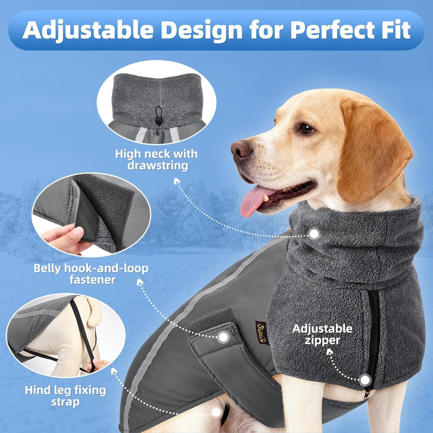 image:imageSlowTon Winter Dog Coat Warm Polar Fleece Lining Doggie Outdoor Jacket with Turtleneck Scarf Reflective Stripe Adjustable Waterproof Windproof Puppy Vest Soft Pet Outfits SGreyAGrey