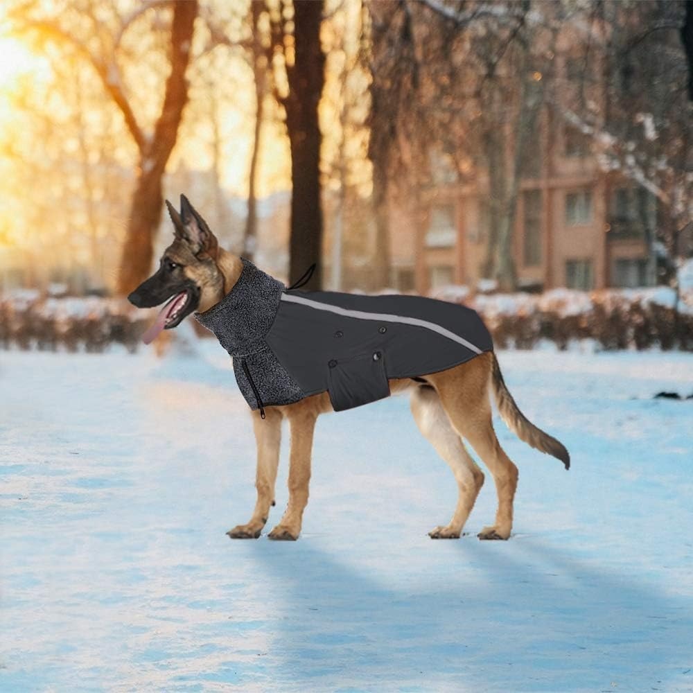 image:imageSlowTon Winter Dog Coat Warm Polar Fleece Lining Doggie Outdoor Jacket with Turtleneck Scarf Reflective Stripe Adjustable Waterproof Windproof Puppy Vest Soft Pet Outfits SGreyAGrey