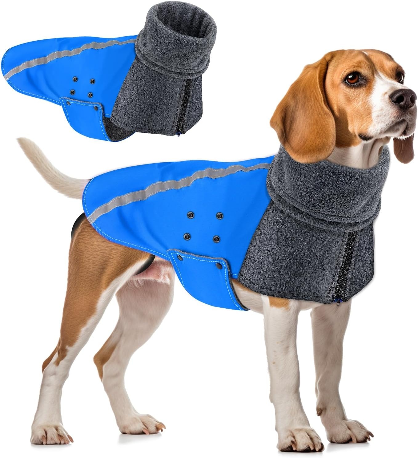 image:imageSlowTon Winter Dog Coat Warm Polar Fleece Lining Doggie Outdoor Jacket with Turtleneck Scarf Reflective Stripe Adjustable Waterproof Windproof Puppy Vest Soft Pet Outfits SGreyEBlue