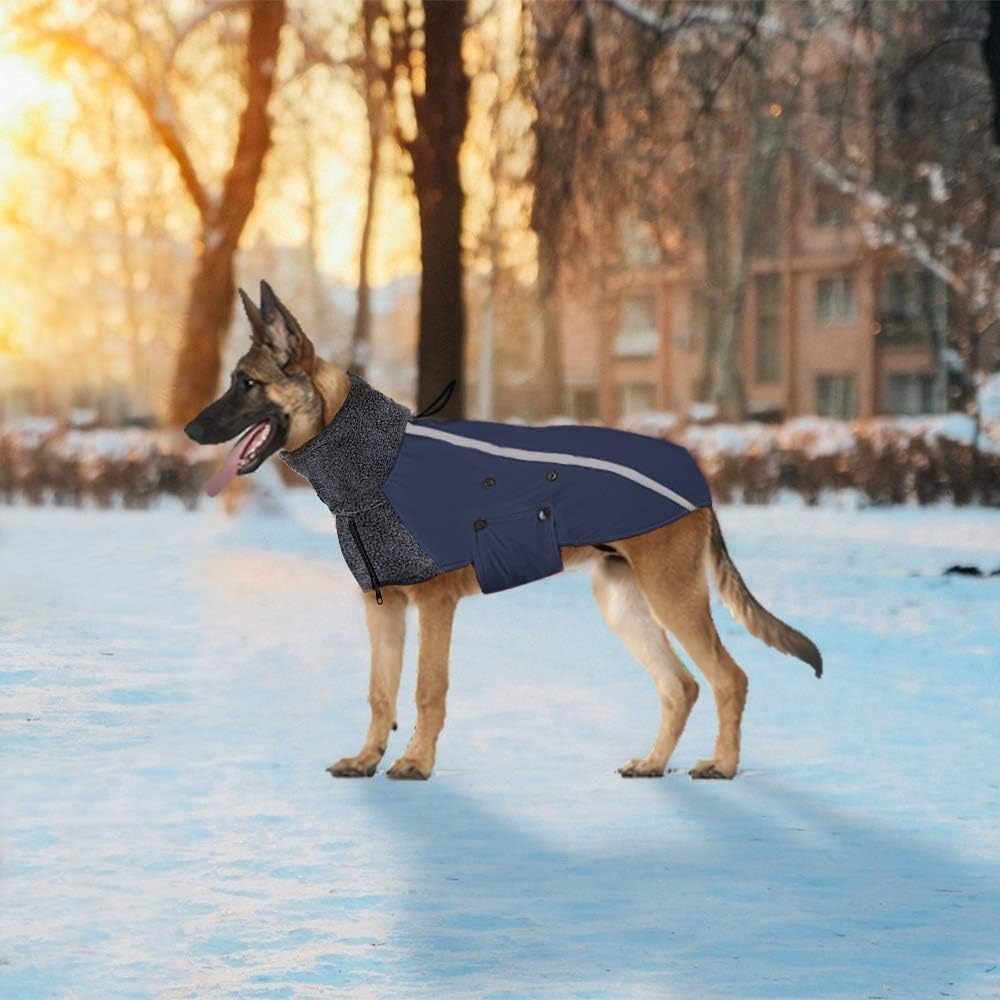 image:imageSlowTon Winter Dog Coat Warm Polar Fleece Lining Doggie Outdoor Jacket with Turtleneck Scarf Reflective Stripe Adjustable Waterproof Windproof Puppy Vest Soft Pet Outfits SGreyCDark Blue