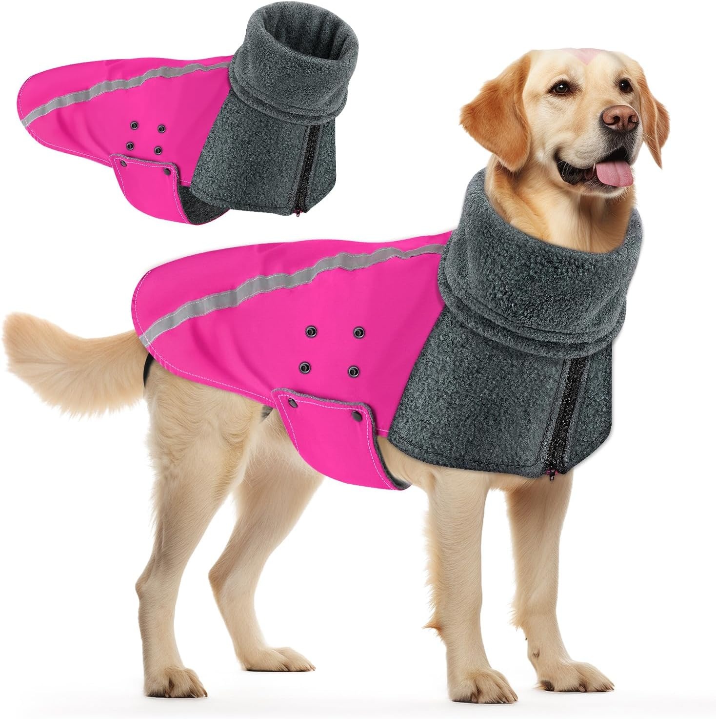image:imageSlowTon Winter Dog Coat Warm Polar Fleece Lining Doggie Outdoor Jacket with Turtleneck Scarf Reflective Stripe Adjustable Waterproof Windproof Puppy Vest Soft Pet Outfits SGreyFFuchsia