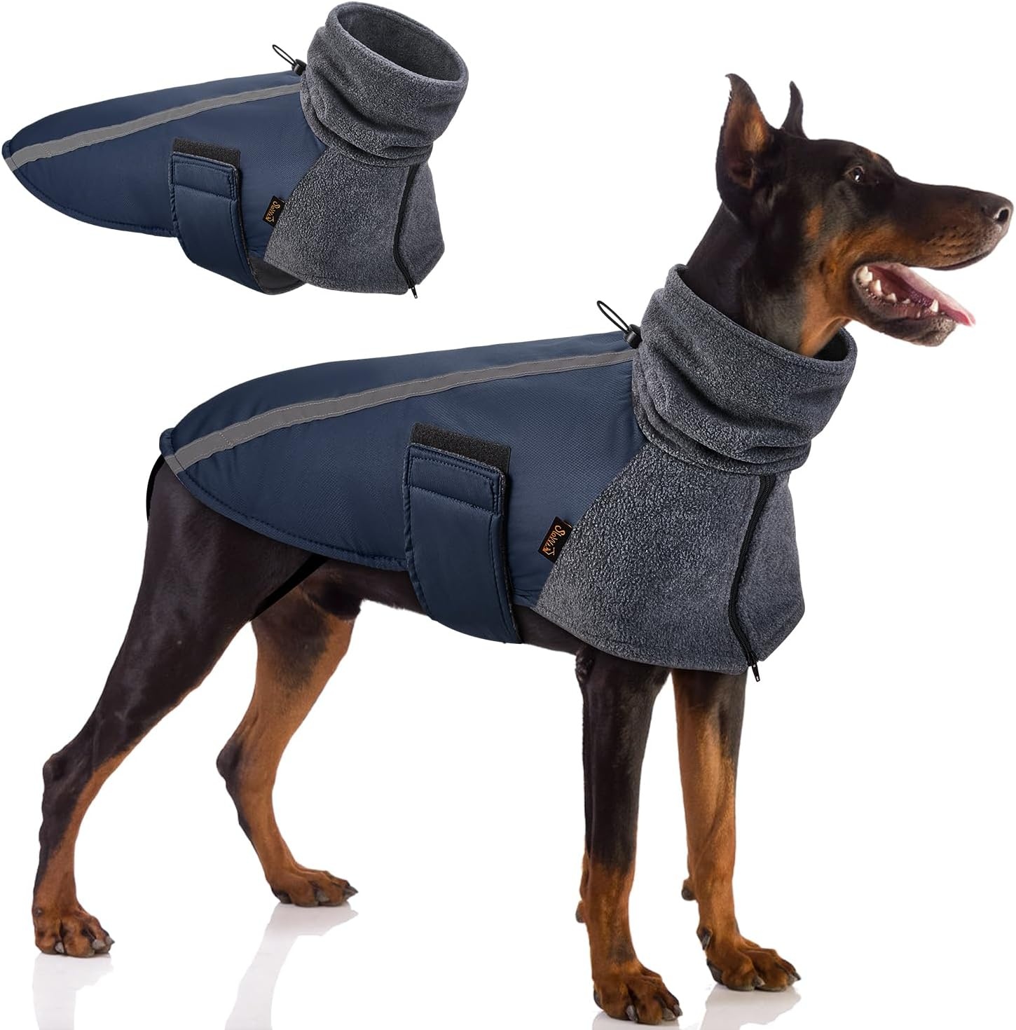 image:imageSlowTon Winter Dog Coat Warm Polar Fleece Lining Doggie Outdoor Jacket with Turtleneck Scarf Reflective Stripe Adjustable Waterproof Windproof Puppy Vest Soft Pet Outfits SGreyCDark Blue