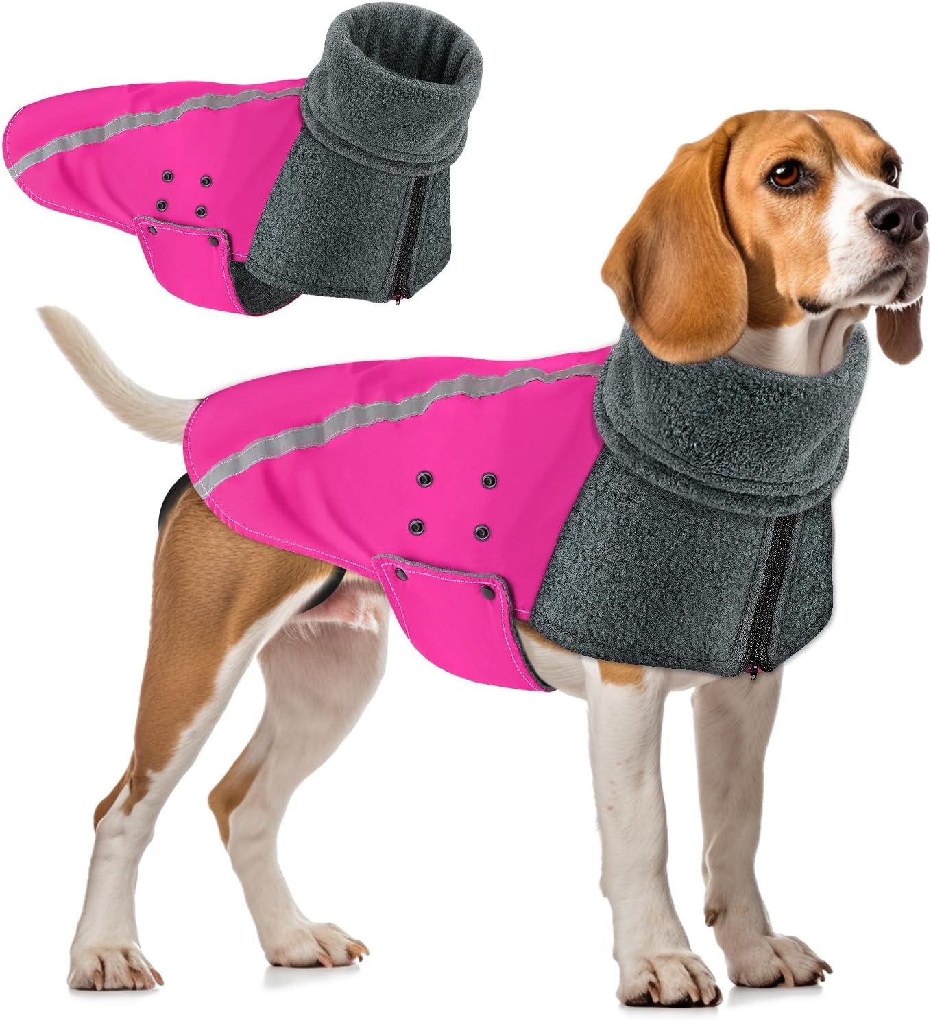 image:imageSlowTon Winter Dog Coat Warm Polar Fleece Lining Doggie Outdoor Jacket with Turtleneck Scarf Reflective Stripe Adjustable Waterproof Windproof Puppy Vest Soft Pet Outfits SGreyFFuchsia