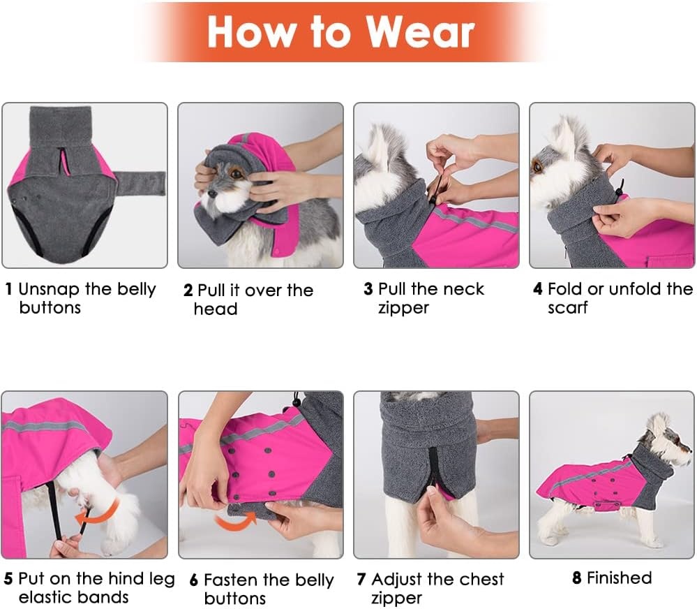 image:imageSlowTon Winter Dog Coat Warm Polar Fleece Lining Doggie Outdoor Jacket with Turtleneck Scarf Reflective Stripe Adjustable Waterproof Windproof Puppy Vest Soft Pet Outfits SGreyFFuchsia