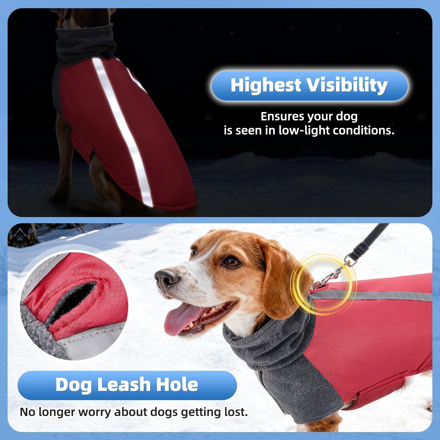 image:imageSlowTon Winter Dog Coat Warm Polar Fleece Lining Doggie Outdoor Jacket with Turtleneck Scarf Reflective Stripe Adjustable Waterproof Windproof Puppy Vest Soft Pet Outfits SGreyBRed