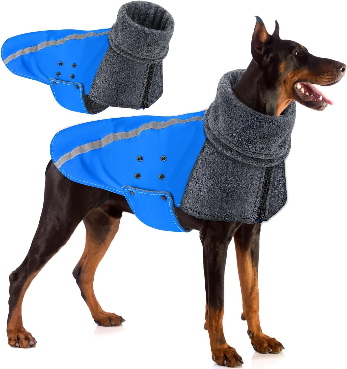 image:imageSlowTon Winter Dog Coat Warm Polar Fleece Lining Doggie Outdoor Jacket with Turtleneck Scarf Reflective Stripe Adjustable Waterproof Windproof Puppy Vest Soft Pet Outfits SGreyEBlue
