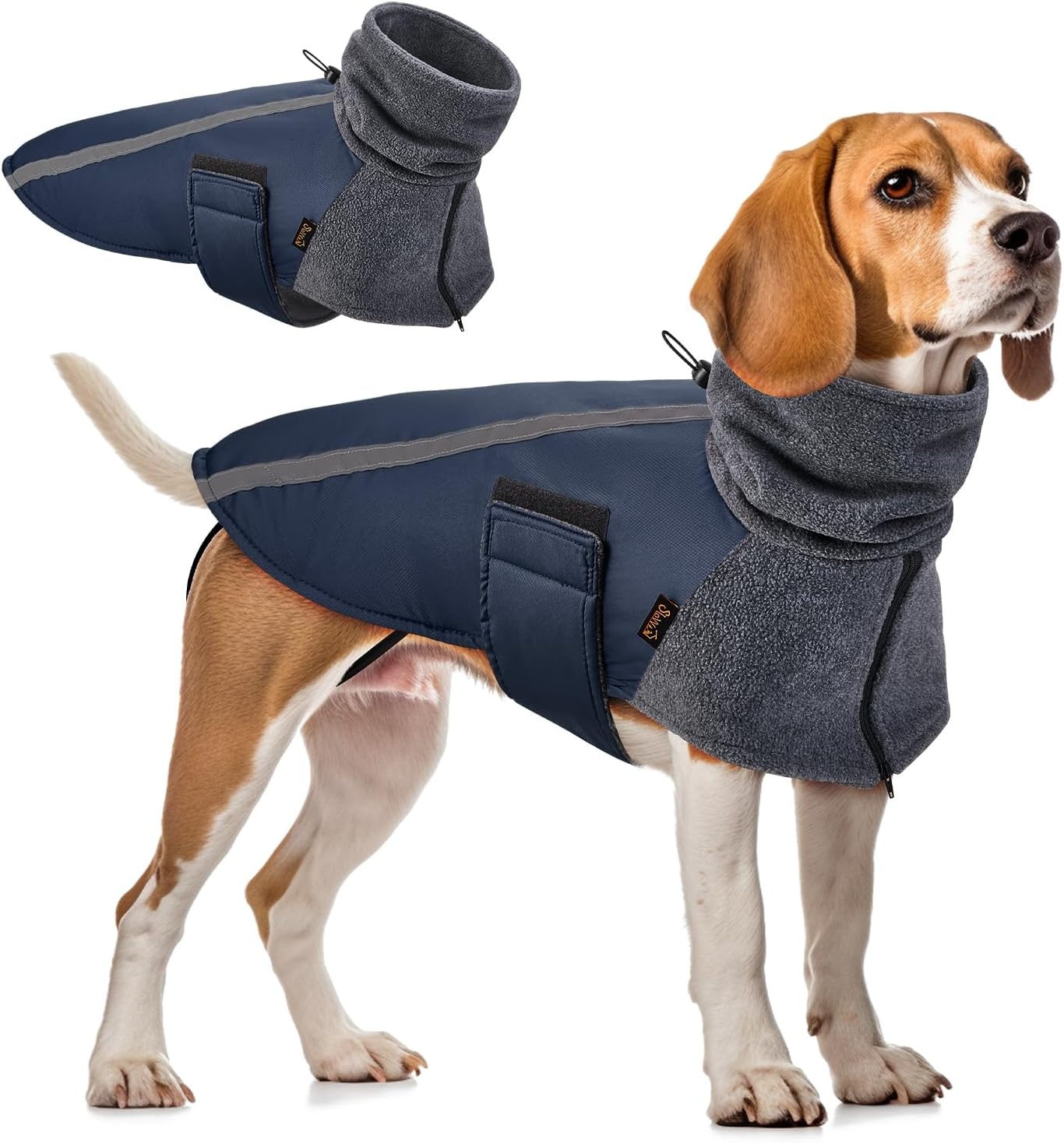 image:imageSlowTon Winter Dog Coat Warm Polar Fleece Lining Doggie Outdoor Jacket with Turtleneck Scarf Reflective Stripe Adjustable Waterproof Windproof Puppy Vest Soft Pet Outfits SGreyCDark Blue