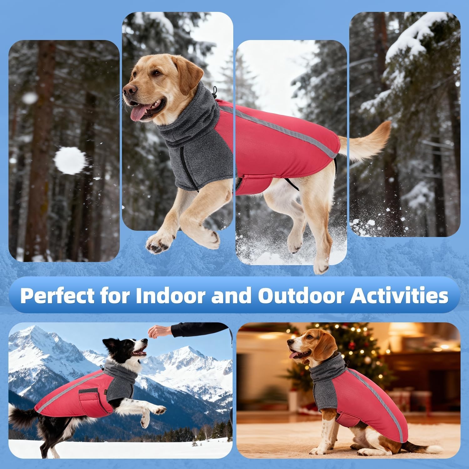 image:imageSlowTon Winter Dog Coat Warm Polar Fleece Lining Doggie Outdoor Jacket with Turtleneck Scarf Reflective Stripe Adjustable Waterproof Windproof Puppy Vest Soft Pet Outfits SGreyBRed