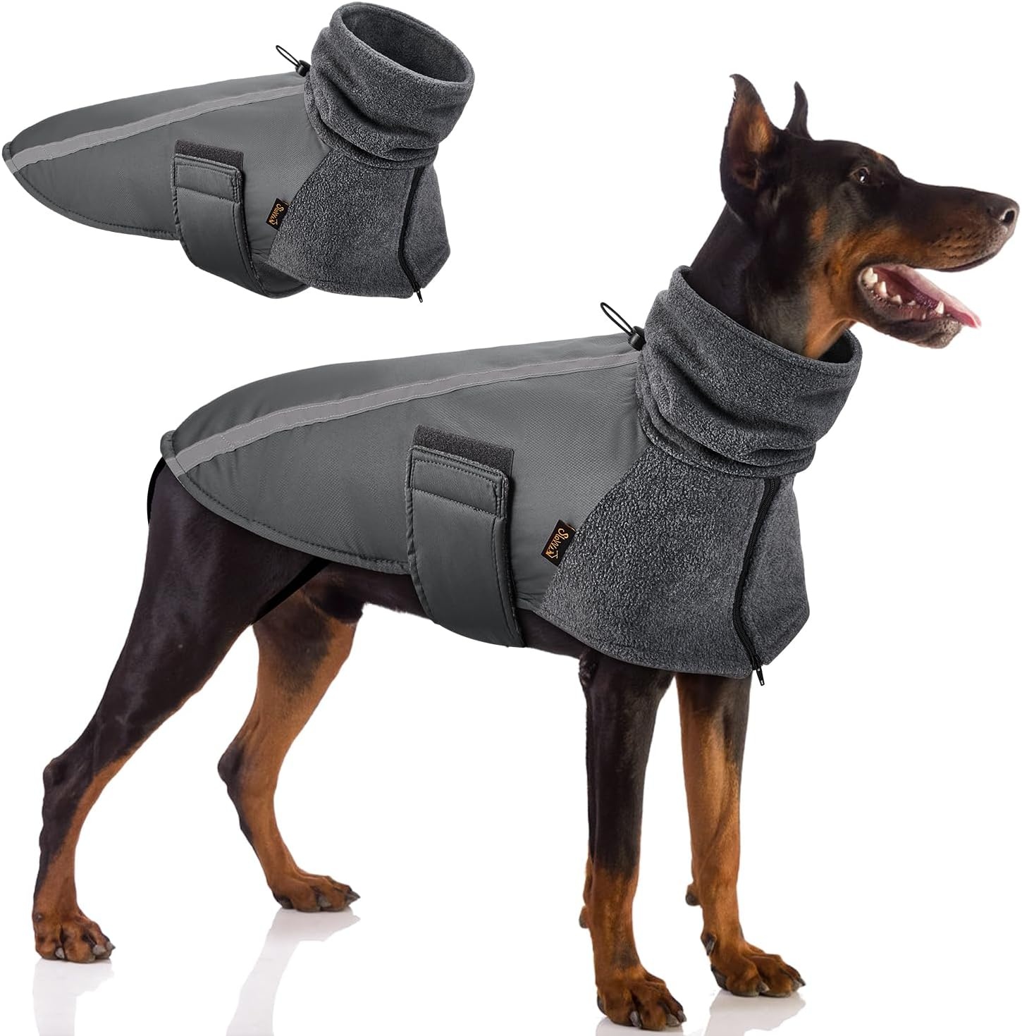 image:imageSlowTon Winter Dog Coat Warm Polar Fleece Lining Doggie Outdoor Jacket with Turtleneck Scarf Reflective Stripe Adjustable Waterproof Windproof Puppy Vest Soft Pet Outfits SGreyAGrey