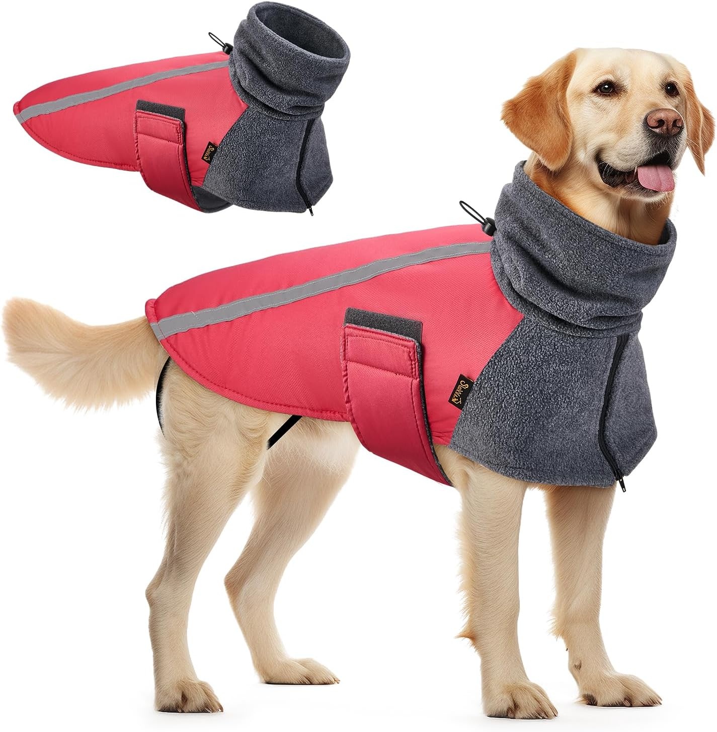 image:imageSlowTon Winter Dog Coat Warm Polar Fleece Lining Doggie Outdoor Jacket with Turtleneck Scarf Reflective Stripe Adjustable Waterproof Windproof Puppy Vest Soft Pet Outfits SGreyBRed
