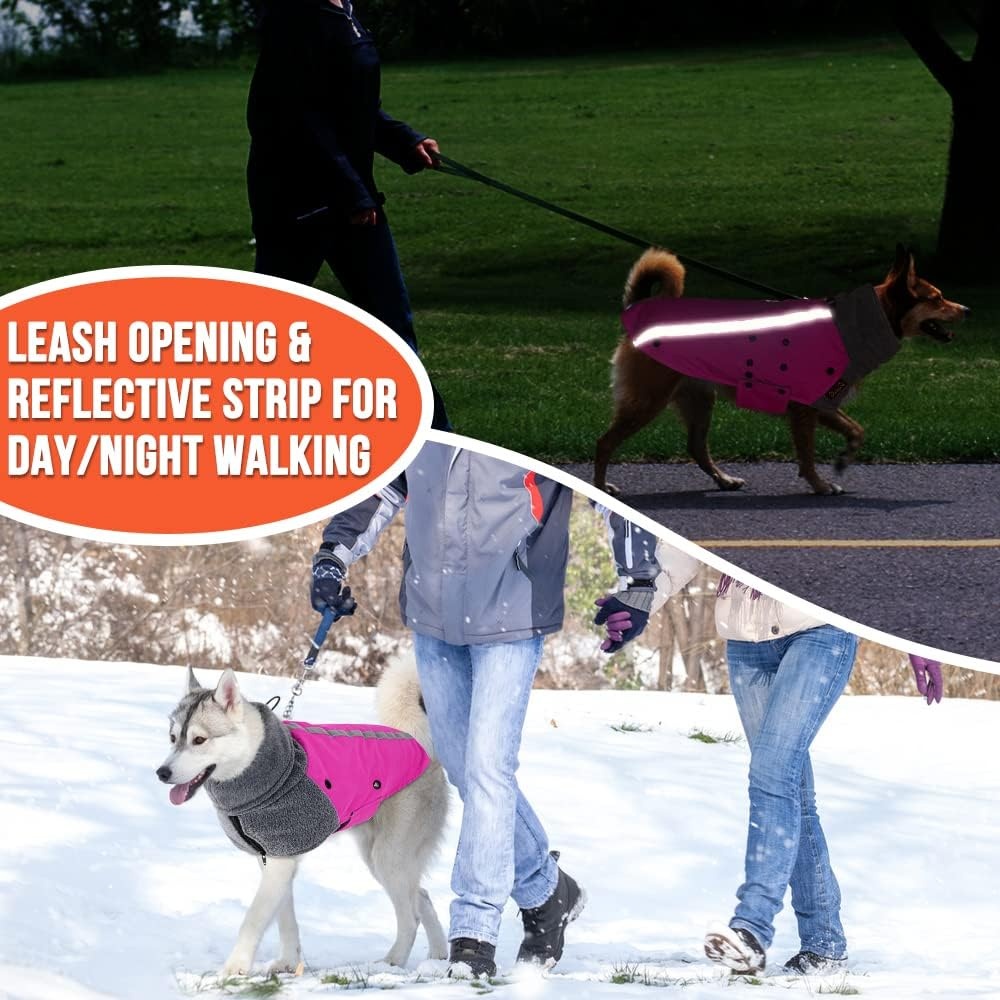 image:imageSlowTon Winter Dog Coat Warm Polar Fleece Lining Doggie Outdoor Jacket with Turtleneck Scarf Reflective Stripe Adjustable Waterproof Windproof Puppy Vest Soft Pet Outfits SGreyFFuchsia