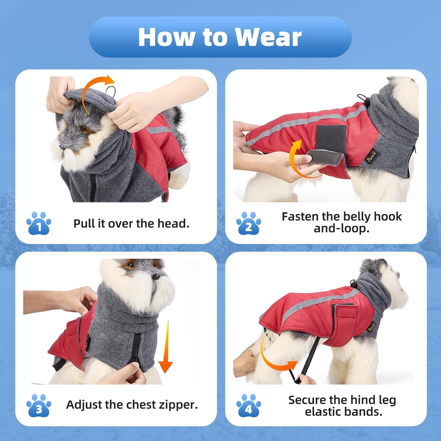 image:imageSlowTon Winter Dog Coat Warm Polar Fleece Lining Doggie Outdoor Jacket with Turtleneck Scarf Reflective Stripe Adjustable Waterproof Windproof Puppy Vest Soft Pet Outfits SGreyBRed