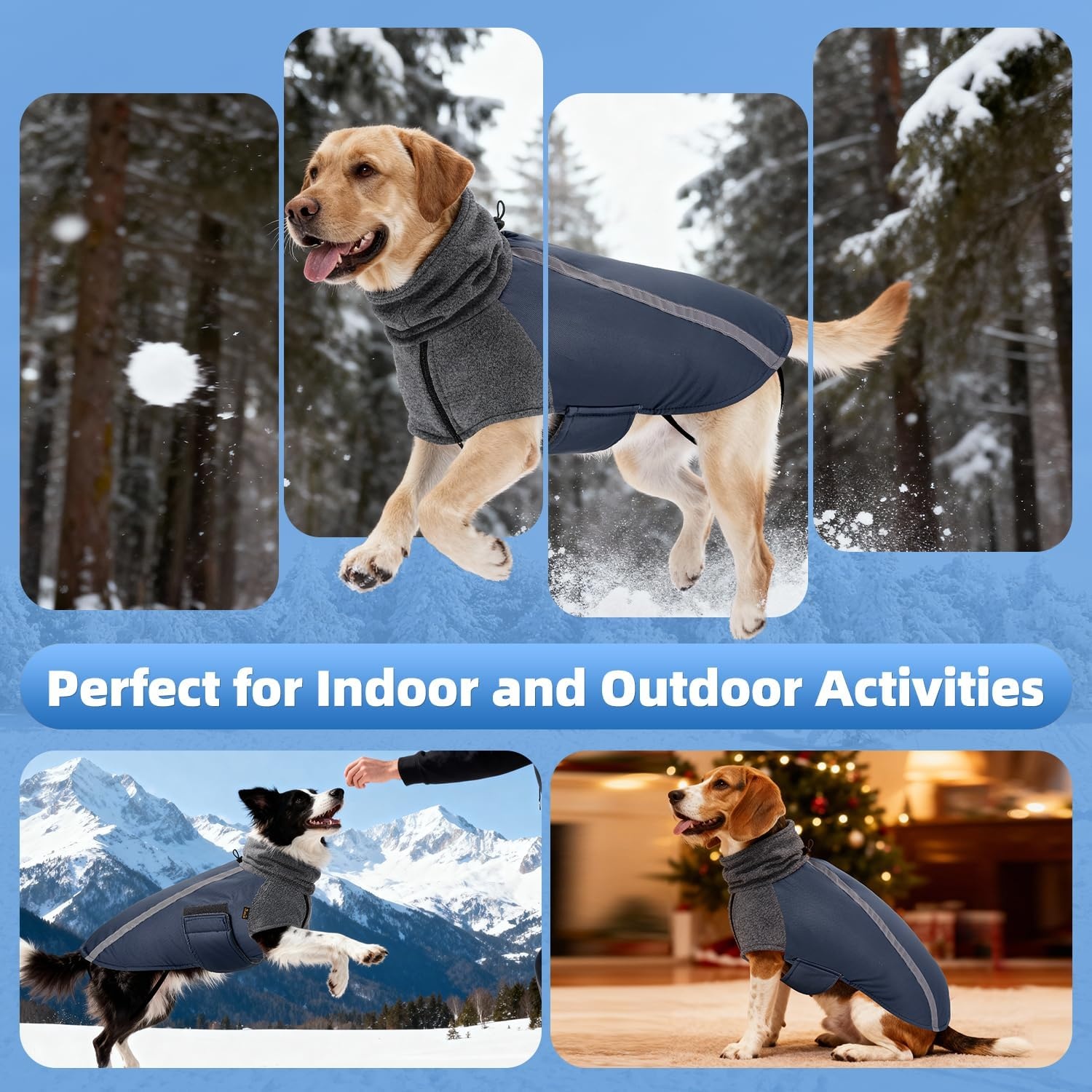 image:imageSlowTon Winter Dog Coat Warm Polar Fleece Lining Doggie Outdoor Jacket with Turtleneck Scarf Reflective Stripe Adjustable Waterproof Windproof Puppy Vest Soft Pet Outfits SGreyCDark Blue
