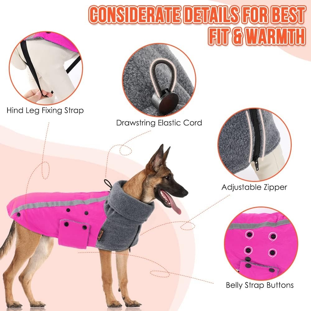 image:imageSlowTon Winter Dog Coat Warm Polar Fleece Lining Doggie Outdoor Jacket with Turtleneck Scarf Reflective Stripe Adjustable Waterproof Windproof Puppy Vest Soft Pet Outfits SGreyFFuchsia