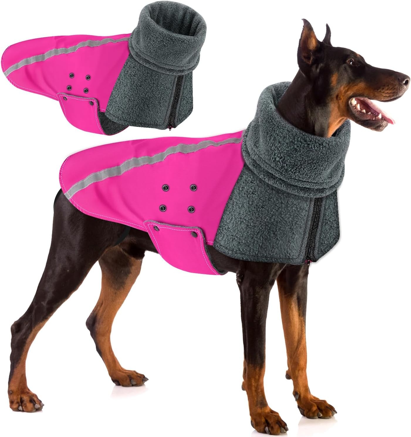 image:imageSlowTon Winter Dog Coat Warm Polar Fleece Lining Doggie Outdoor Jacket with Turtleneck Scarf Reflective Stripe Adjustable Waterproof Windproof Puppy Vest Soft Pet Outfits SGreyFFuchsia
