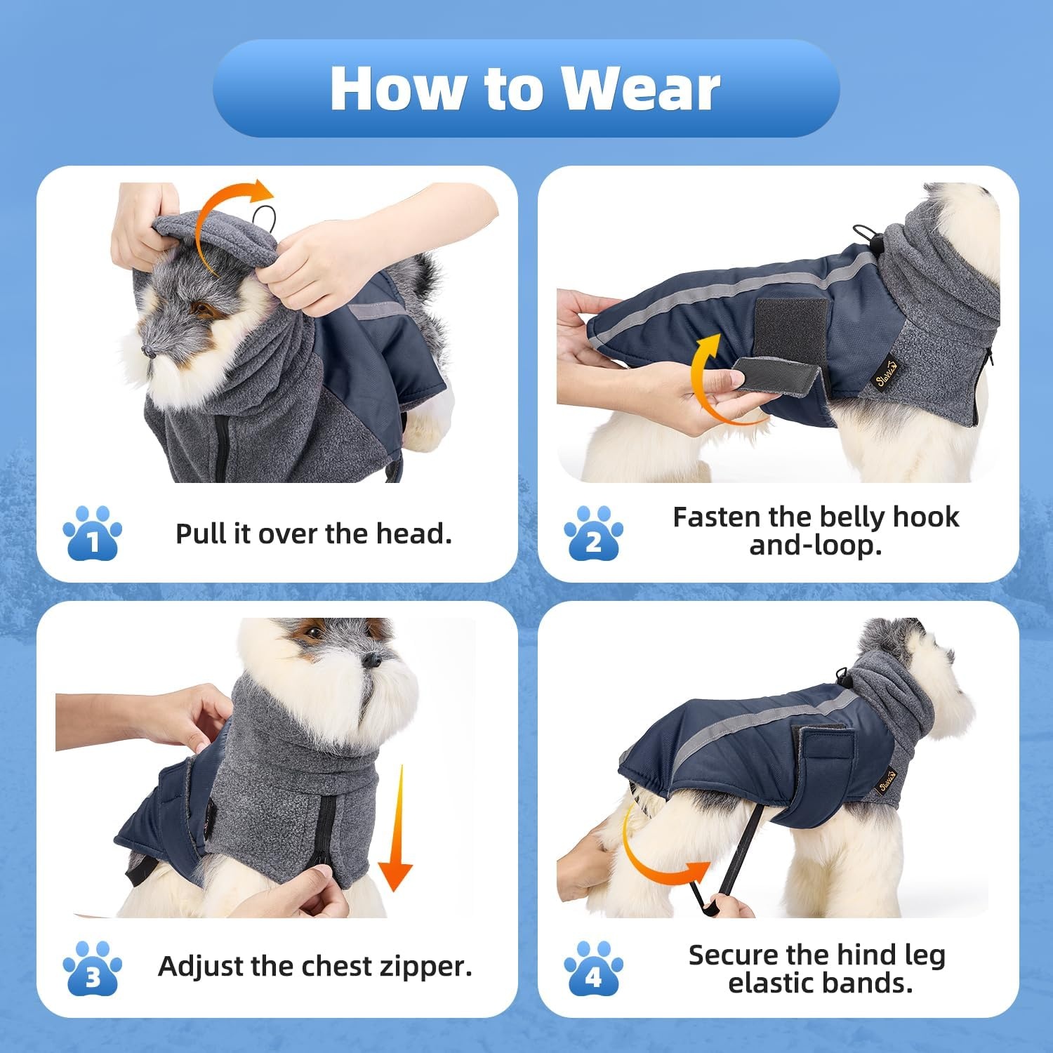image:imageSlowTon Winter Dog Coat Warm Polar Fleece Lining Doggie Outdoor Jacket with Turtleneck Scarf Reflective Stripe Adjustable Waterproof Windproof Puppy Vest Soft Pet Outfits SGreyCDark Blue