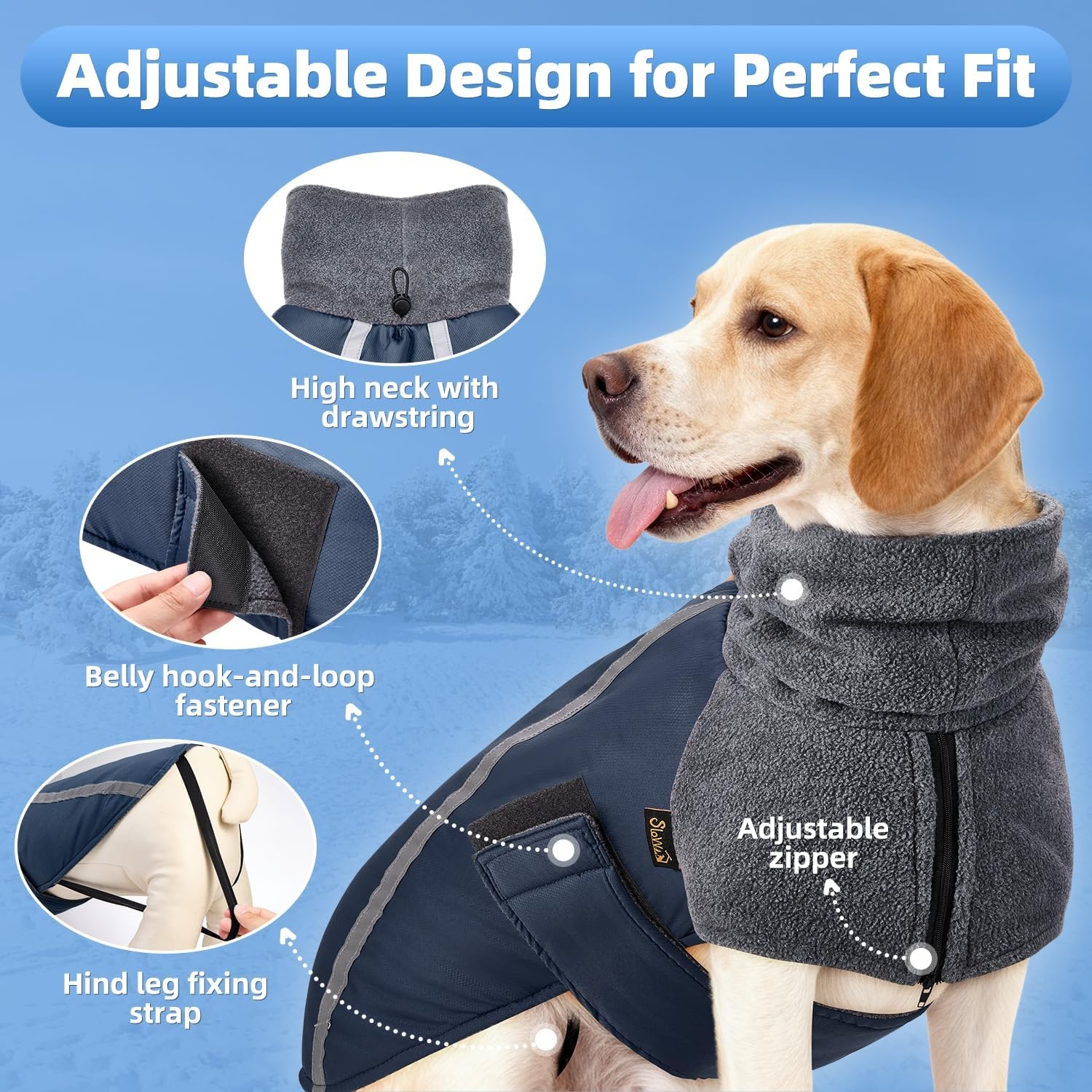 image:imageSlowTon Winter Dog Coat Warm Polar Fleece Lining Doggie Outdoor Jacket with Turtleneck Scarf Reflective Stripe Adjustable Waterproof Windproof Puppy Vest Soft Pet Outfits SGreyCDark Blue