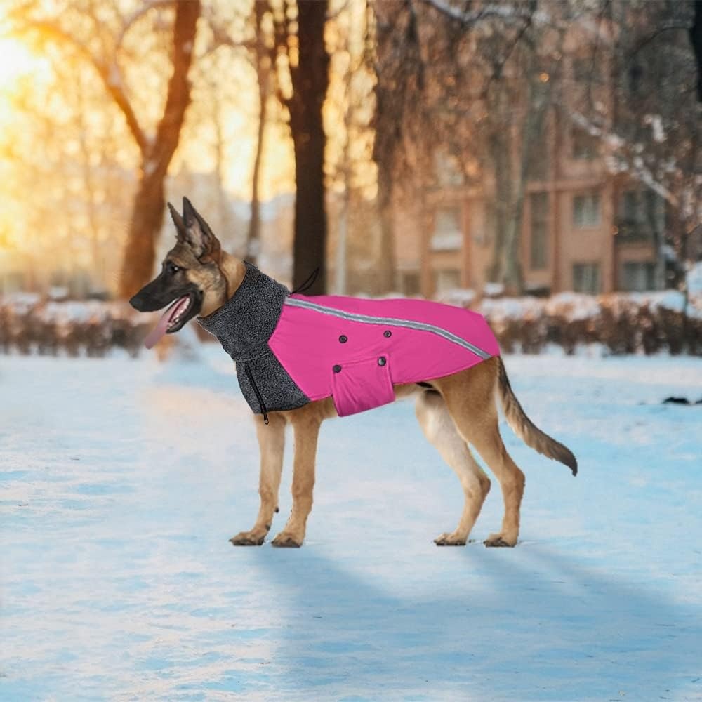 image:imageSlowTon Winter Dog Coat Warm Polar Fleece Lining Doggie Outdoor Jacket with Turtleneck Scarf Reflective Stripe Adjustable Waterproof Windproof Puppy Vest Soft Pet Outfits SGreyFFuchsia