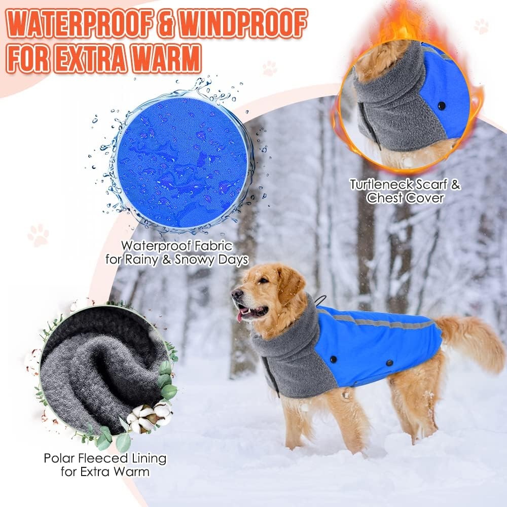 image:imageSlowTon Winter Dog Coat Warm Polar Fleece Lining Doggie Outdoor Jacket with Turtleneck Scarf Reflective Stripe Adjustable Waterproof Windproof Puppy Vest Soft Pet Outfits SGreyEBlue