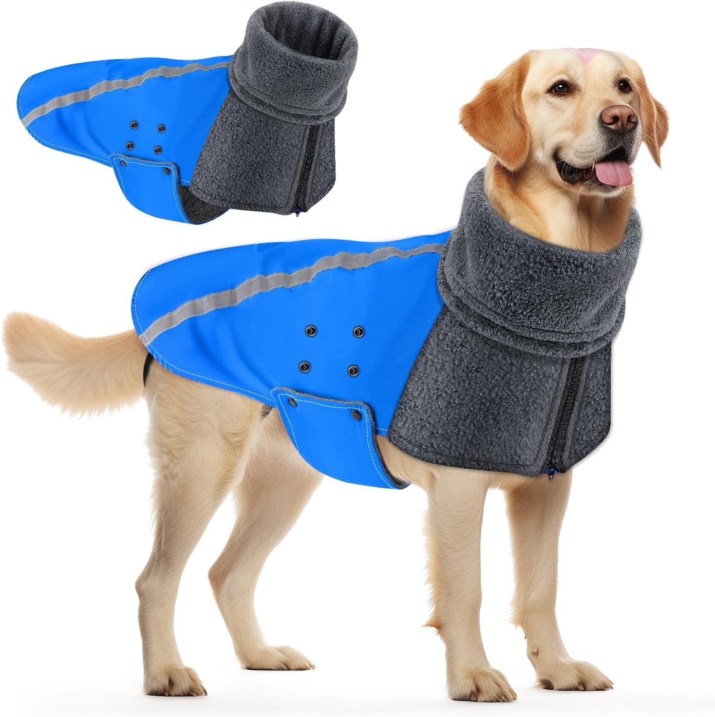 image:imageSlowTon Winter Dog Coat Warm Polar Fleece Lining Doggie Outdoor Jacket with Turtleneck Scarf Reflective Stripe Adjustable Waterproof Windproof Puppy Vest Soft Pet Outfits SGreyEBlue