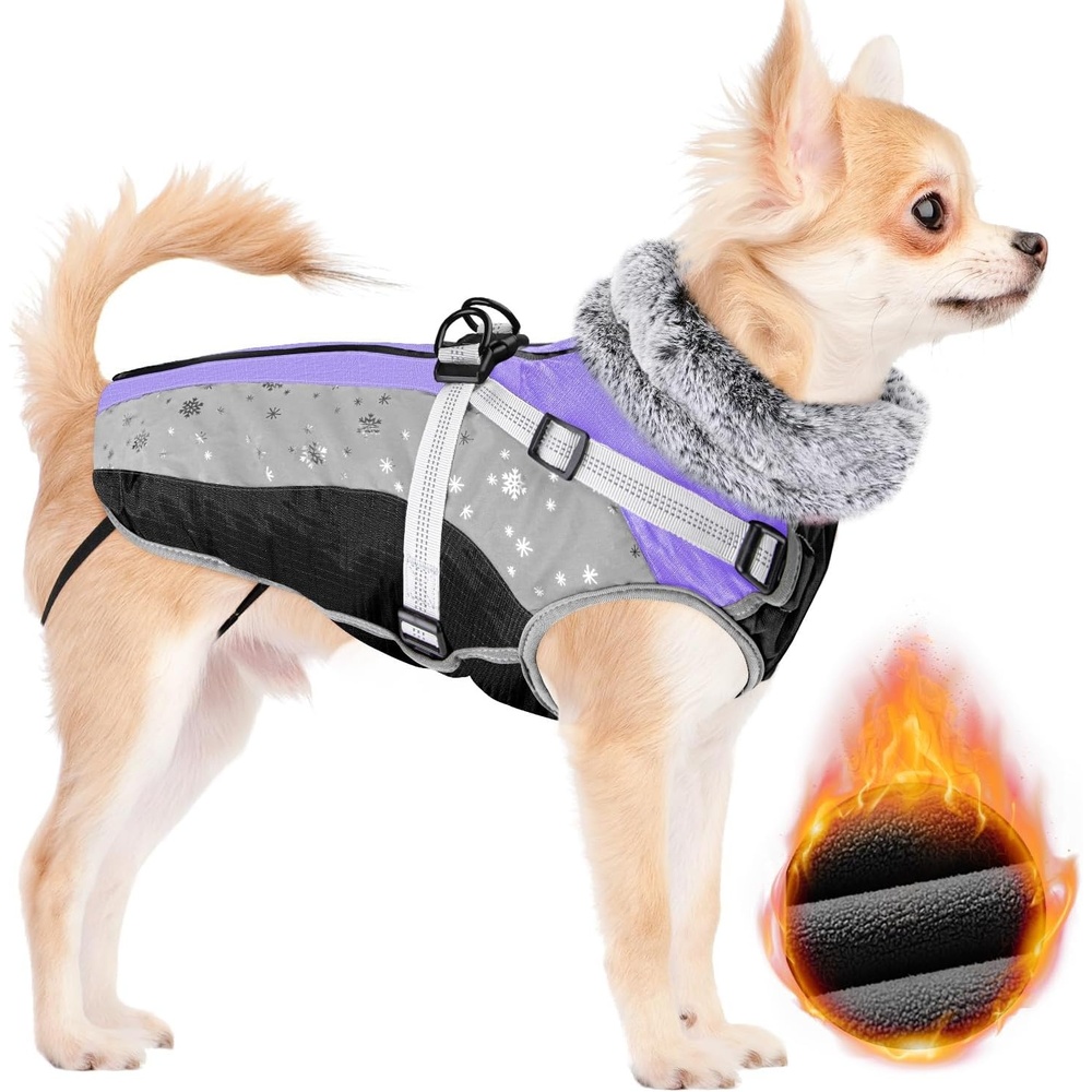 image:imageSlowTon Dog Jacket with Harness Built in Waterproof Fleece Winter Warm Dog Coats for Small Medium Dogs Reflective Adjustable Furry Puppy Vest Clothes for Outdoor Walking BlueSPurple Black