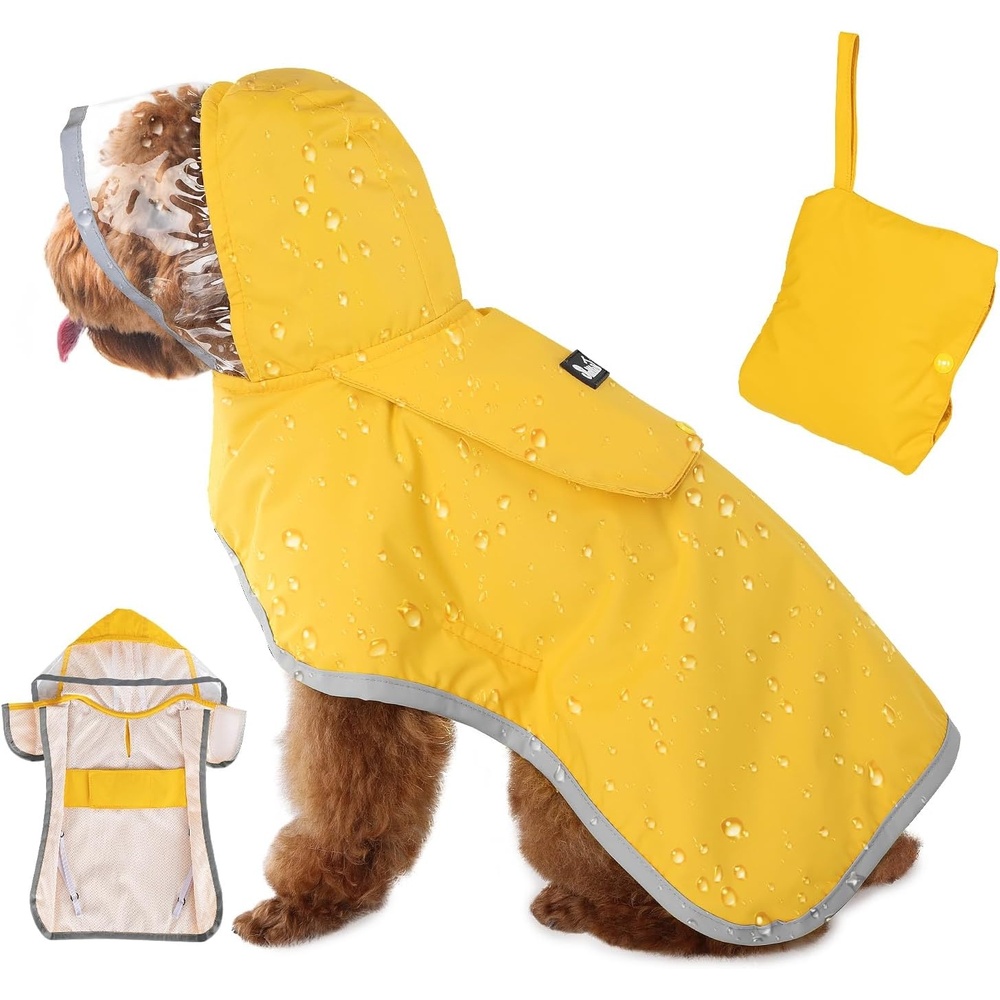 image:imageSlowTon Dog Raincoat Adjustable Dog Rain Jacket Clear Hooded Double Layer Waterproof Poncho with Reflective Strip Straps and Storage Pocket for Small Medium Large DogsXXLYellow
