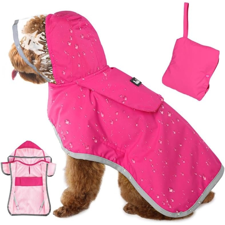 image:imageSlowTon Dog Raincoat Adjustable Dog Rain Jacket Clear Hooded Double Layer Waterproof Poncho with Reflective Strip Straps and Storage Pocket for Small Medium Large DogsXXLFuchsia