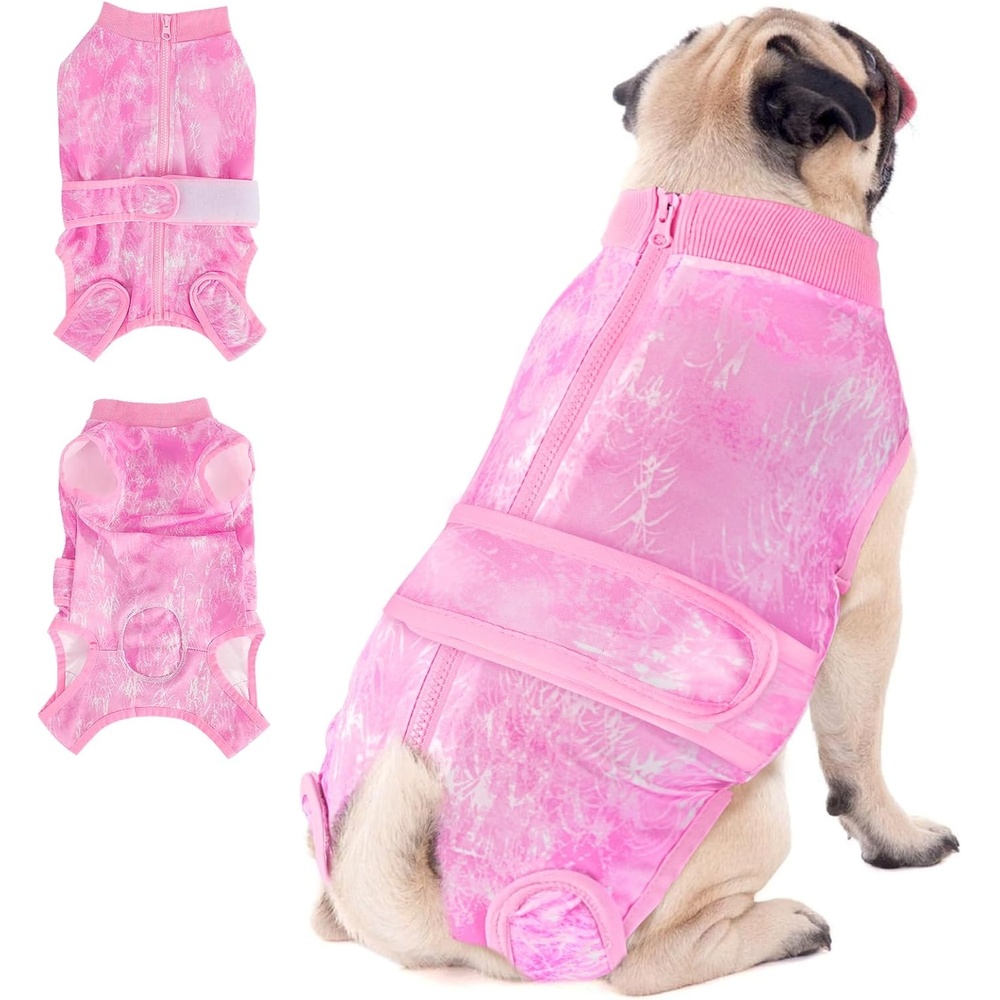 image:imageSlowTon Dog Surgery Recovery Suit Zipper On Dog Onesies After Surgery for Female Male Dogs Abdominal Wounds Bandages ConeECollar Alternative Surgical Body Suit AntiLicking PinkTie DyeS3Pink 100 Polyester