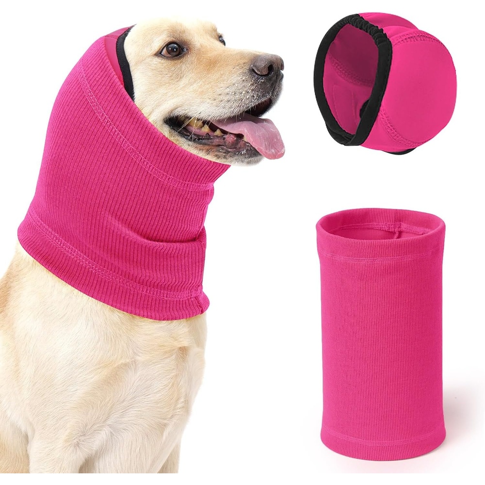 image:imageSlowTon Quiet Ears Dog Hoodie 2 Pcs Ear Wrap Dog Ear Muffs Noise Protection Anxiety Relief Dogs Hat Calming Hood Head Cover Pet Headband Dogs Ear Protector for Grooming Force Drying GreySHot Pink