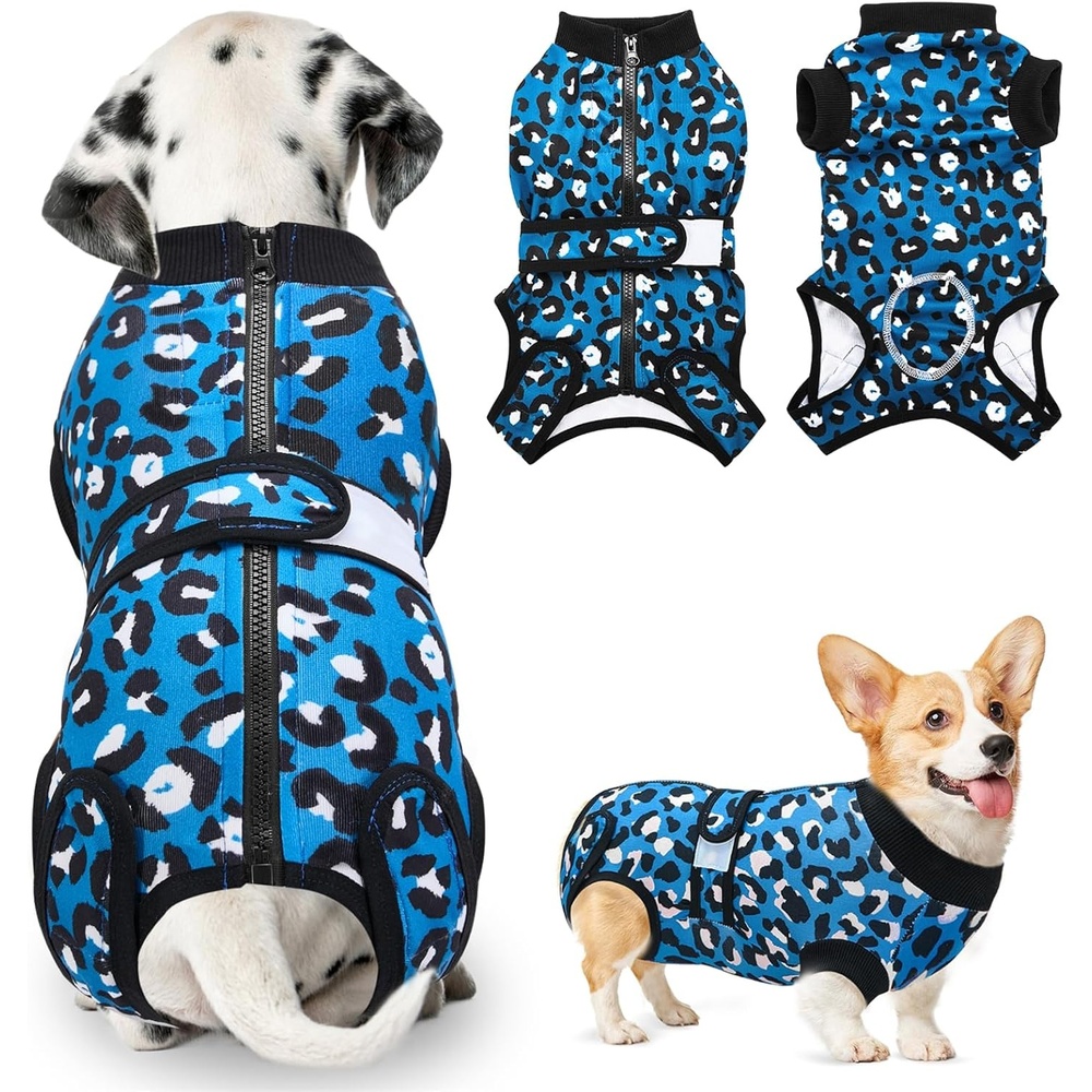 image:imageSlowTon Recovery Suit for Dogs Dog Surgery Suit Female Spay Male Neuter Dog Surgery Recovery Suit with Zipper Pet Surgical Onesies Bodysuit Abdominal Wound Bandages Pink Leopard S3Blue Leopard