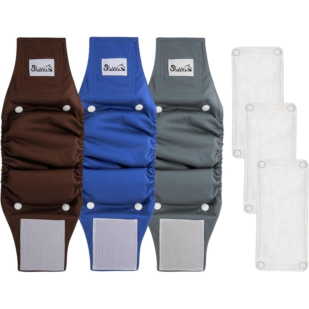 image:imageSlowTon Washable Dog Diapers Male 20 Wider amp Highly Absorbent Dog Belly Bands with Removable Pads 3 Pack Soft Reuseable Male Dog Wraps with Leak Proof Fit Grey Blue Brown Medium