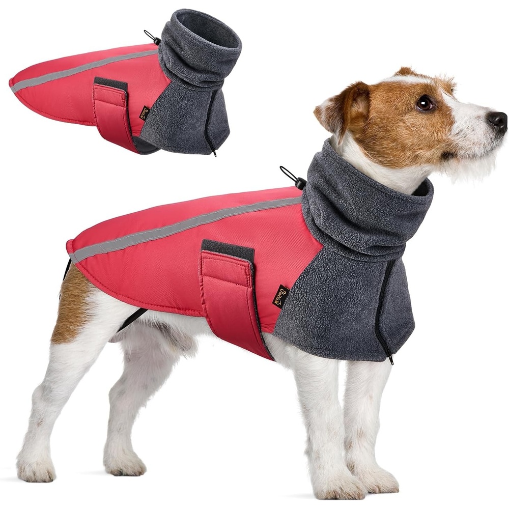 image:imageSlowTon Winter Dog Coat Warm Polar Fleece Lining Doggie Outdoor Jacket with Turtleneck Scarf Reflective Stripe Adjustable Waterproof Windproof Puppy Vest Soft Pet Outfits SGreyBRed