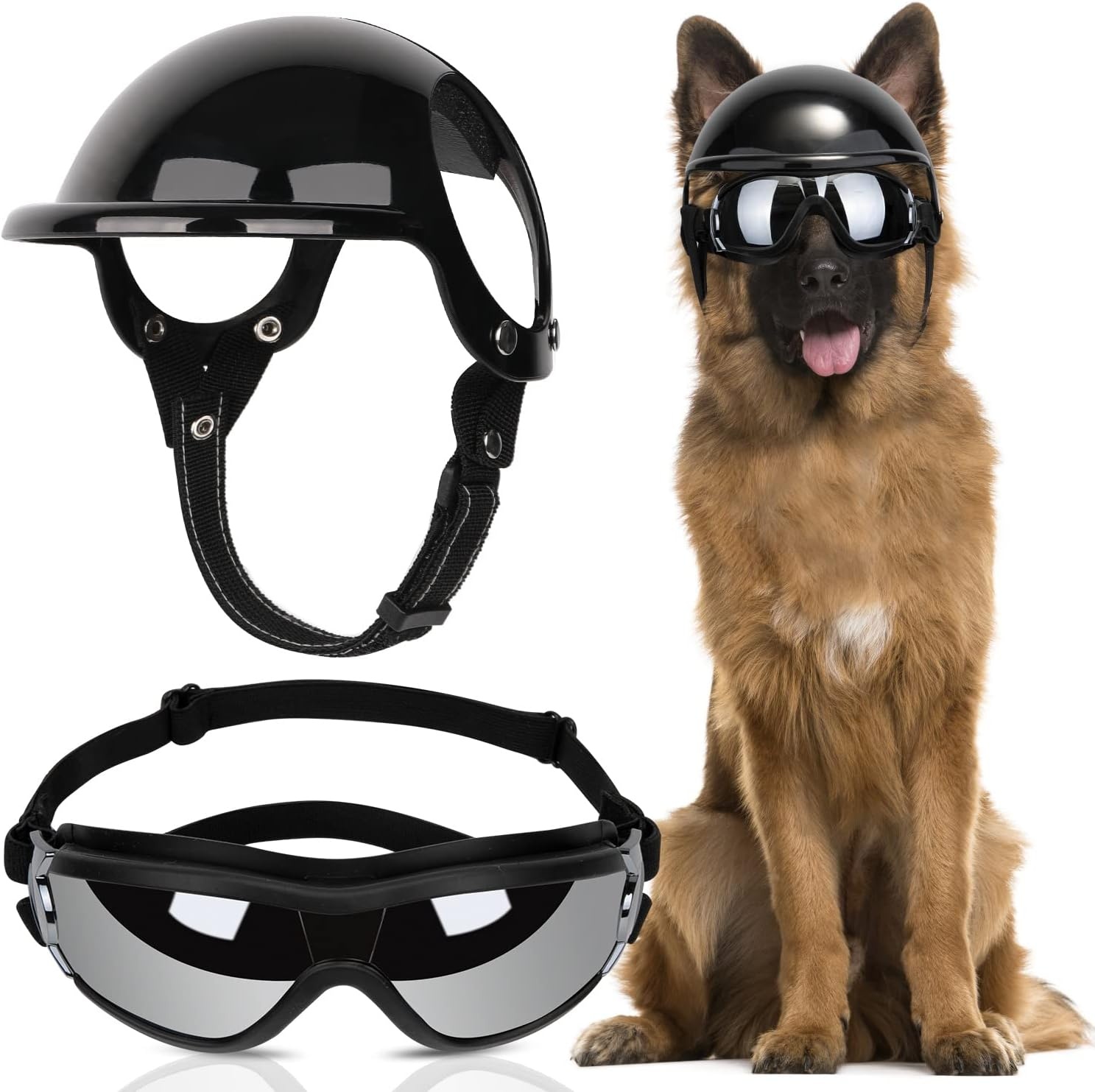 image:imageSlowTon Dog Helmet and Goggles UV Protection Doggy Sunglasses Dog Glasses Pet Motorcycle Helmet Hat with Ear Holes Adjustable Belt Safety Hat for Small Medium Large Dogs Puppy Riding Black M1Black