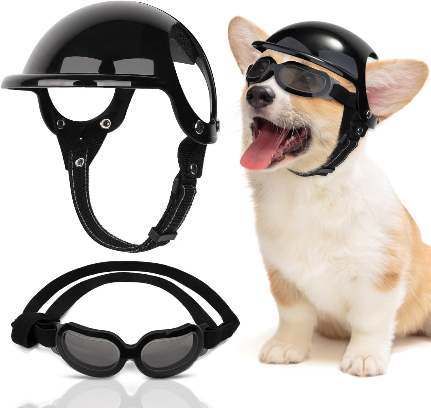 image:imageSlowTon Dog Helmet and Goggles UV Protection Doggy Sunglasses Dog Glasses Pet Motorcycle Helmet Hat with Ear Holes Adjustable Belt Safety Hat for Small Medium Large Dogs Puppy Riding Black M1Black