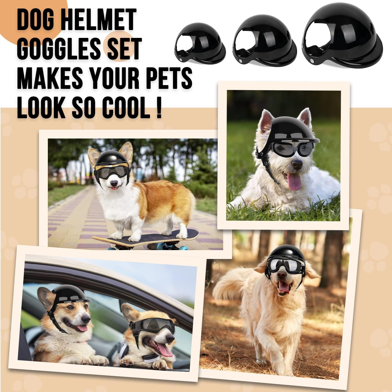 image:imageSlowTon Dog Helmet and Goggles UV Protection Doggy Sunglasses Dog Glasses Pet Motorcycle Helmet Hat with Ear Holes Adjustable Belt Safety Hat for Small Medium Large Dogs Puppy Riding Black M1Black