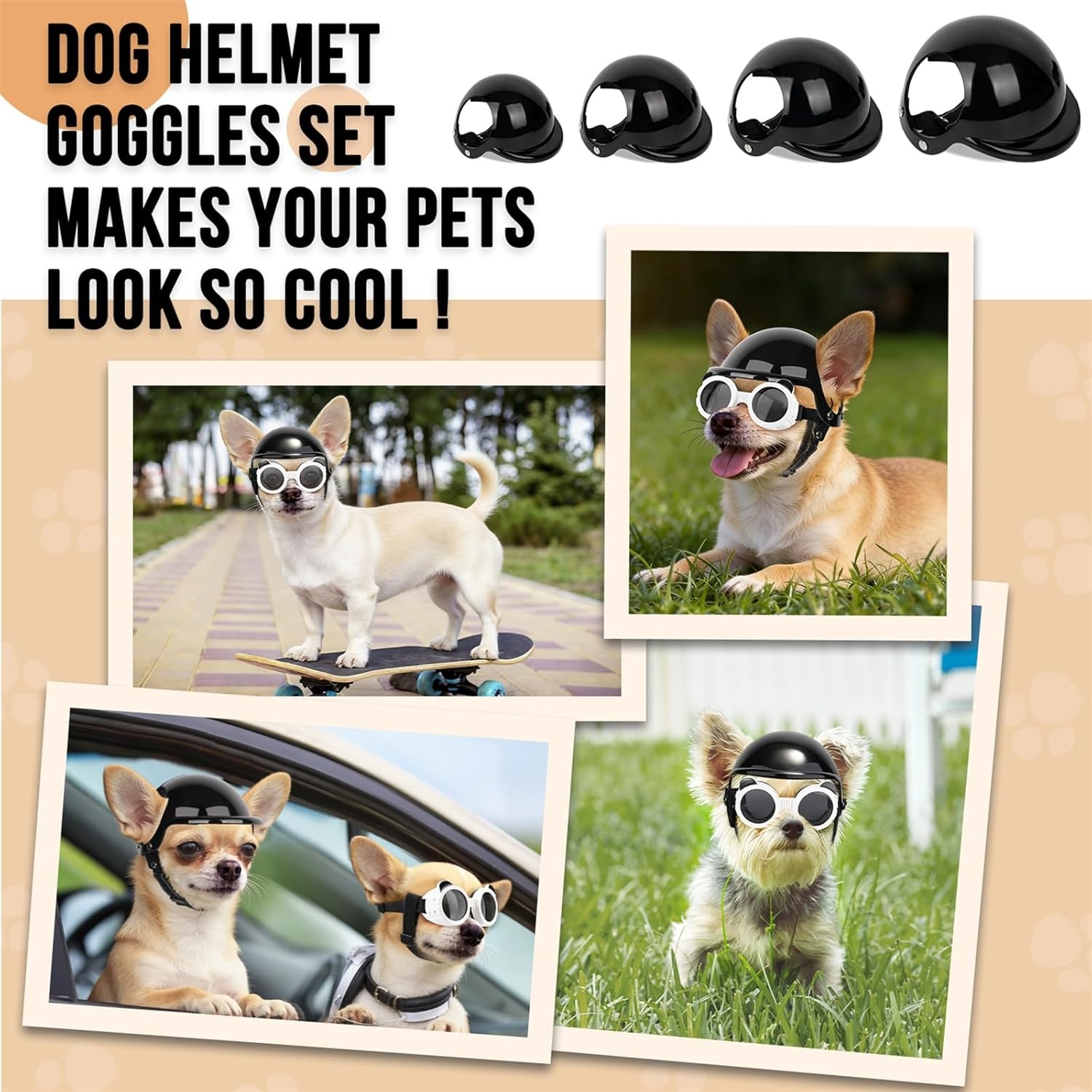 image:imageSlowTon Dog Helmet and Goggles UV Protection Doggy Sunglasses Dog Glasses Pet Motorcycle Helmet Hat with Ear Holes Adjustable Belt Safety Hat for Small Medium Large Dogs Puppy Riding Black M1Black